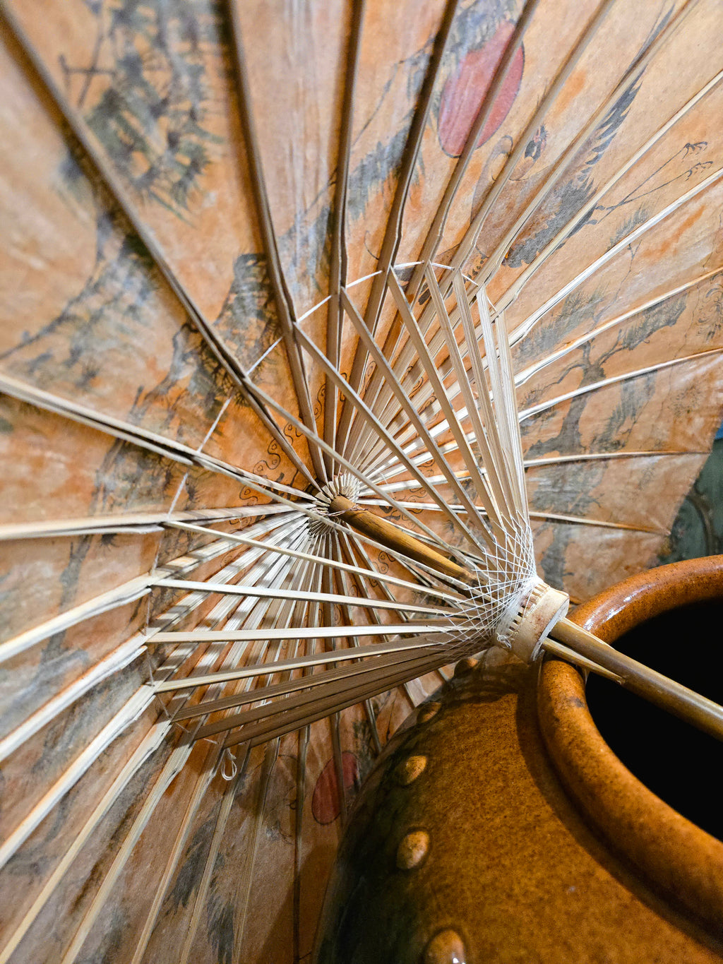 Vintage Japanese hand-painted display umbrella made of lacquered rice paper and bamboo