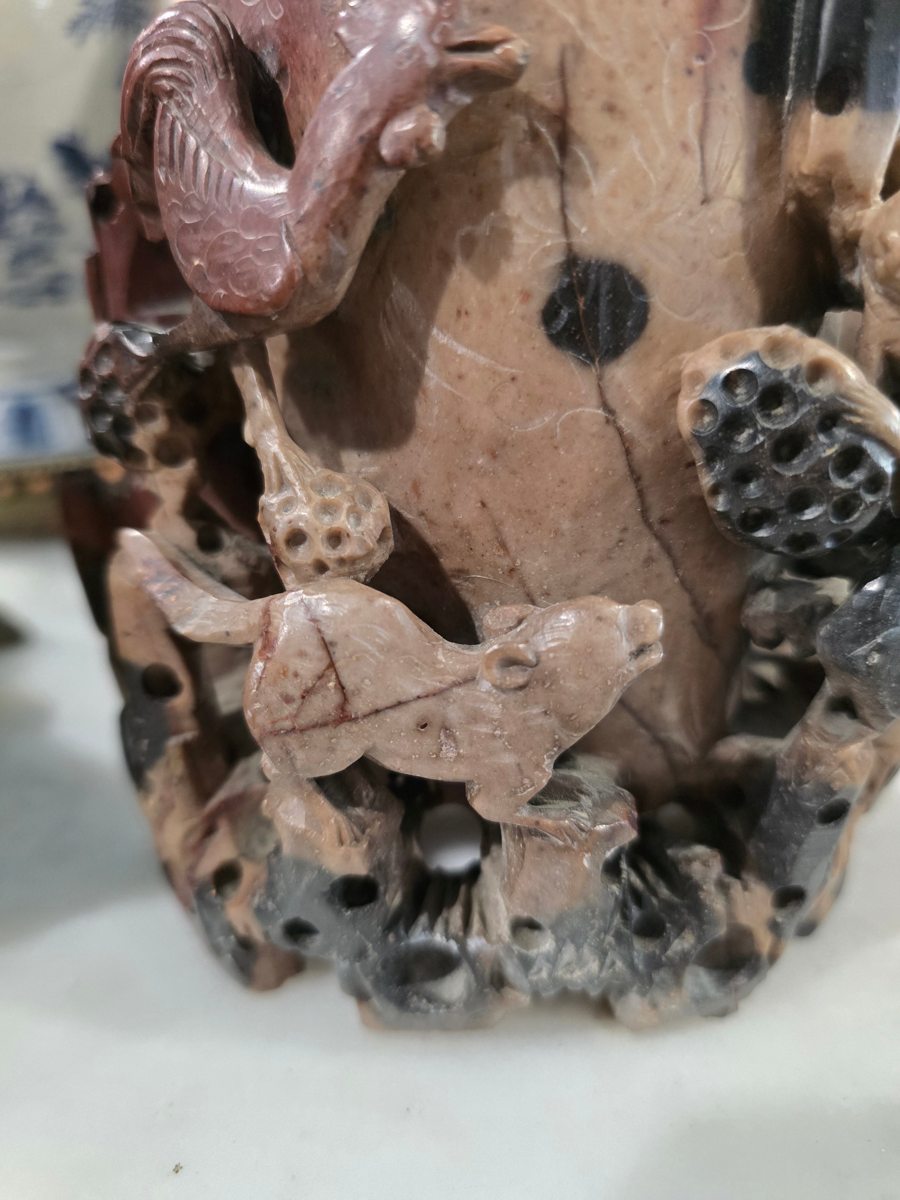 Vintage Chinese Soapstone Carving - Figural Tree Stump Sculpture