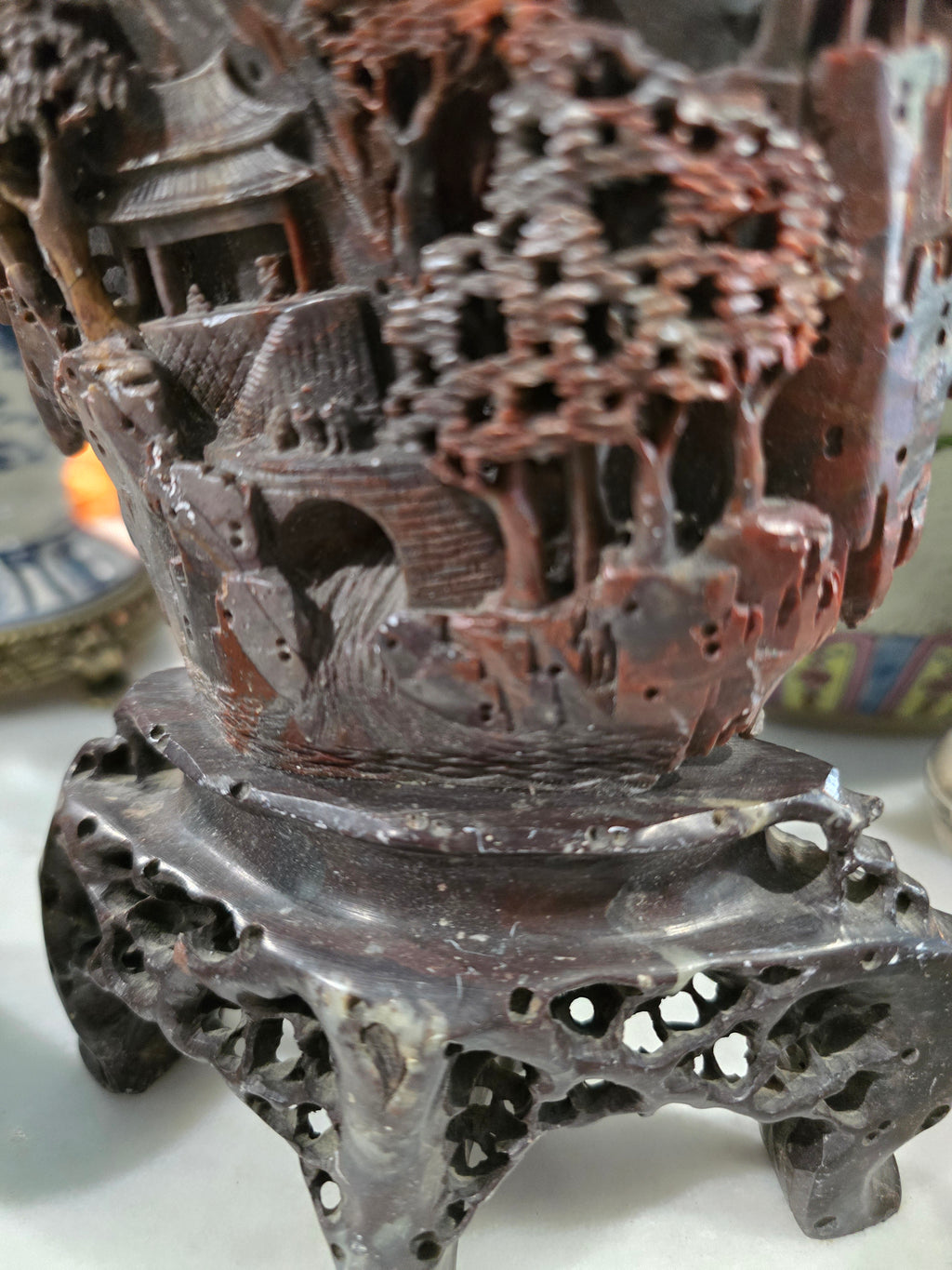 Vintage Chinese Soapstone Landscape Carving Sculpture on Wooden Stand