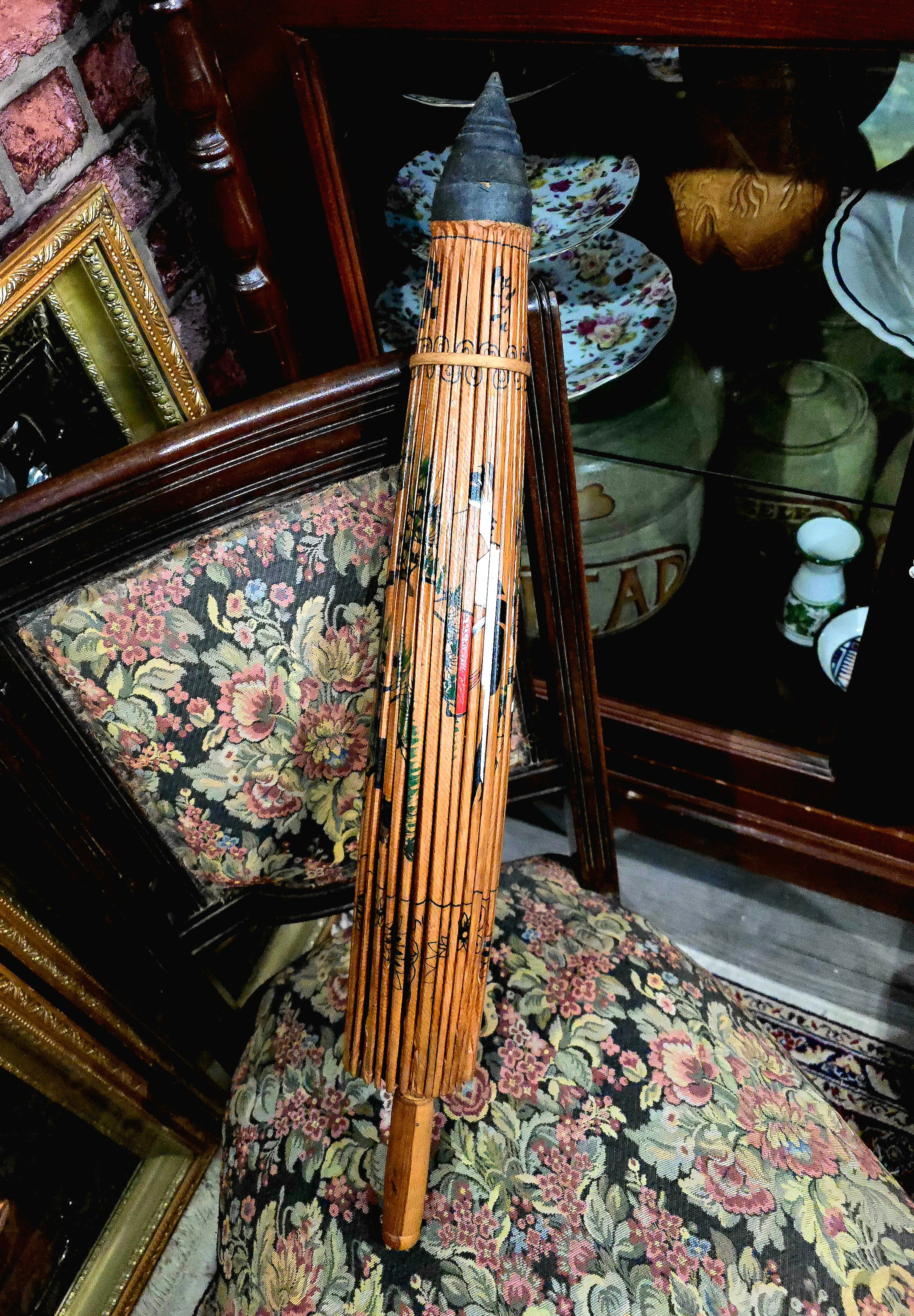 Vintage Japanese hand-painted display umbrella made of lacquered rice paper and bamboo