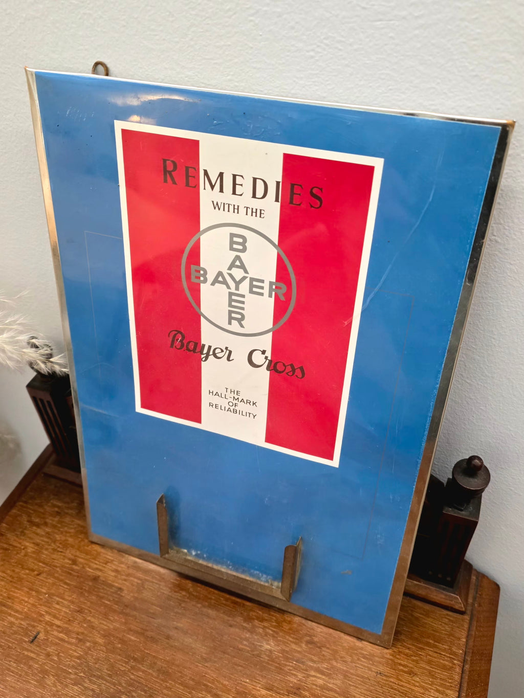 Antique Remedies With Bayer Cross Tin Sign Board Germany