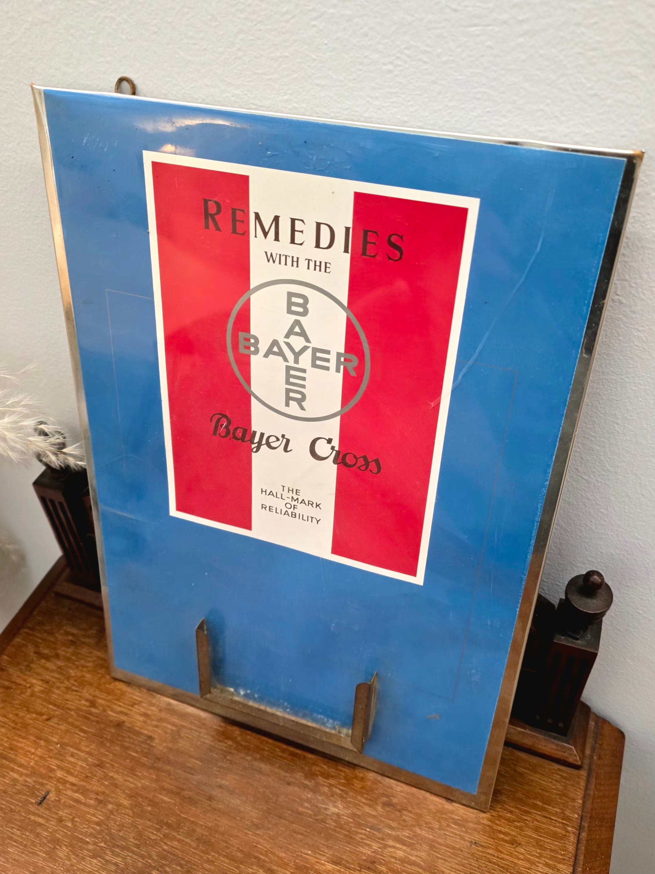 Antique Remedies With Bayer Cross Tin Sign Board Germany