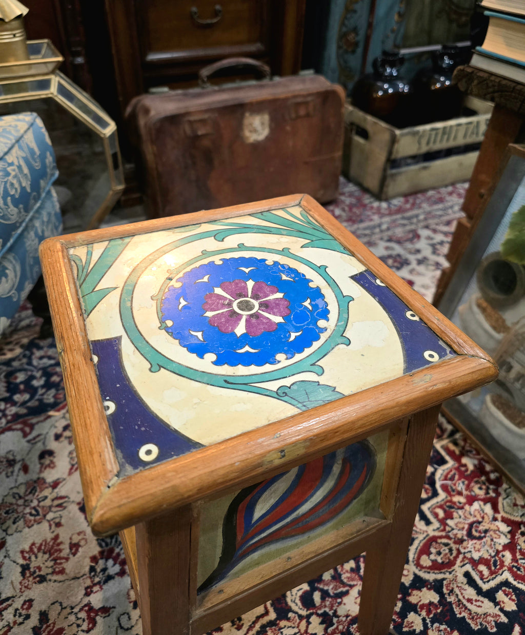 Vintage Arts & Crafts style side table with hand-painted tiles