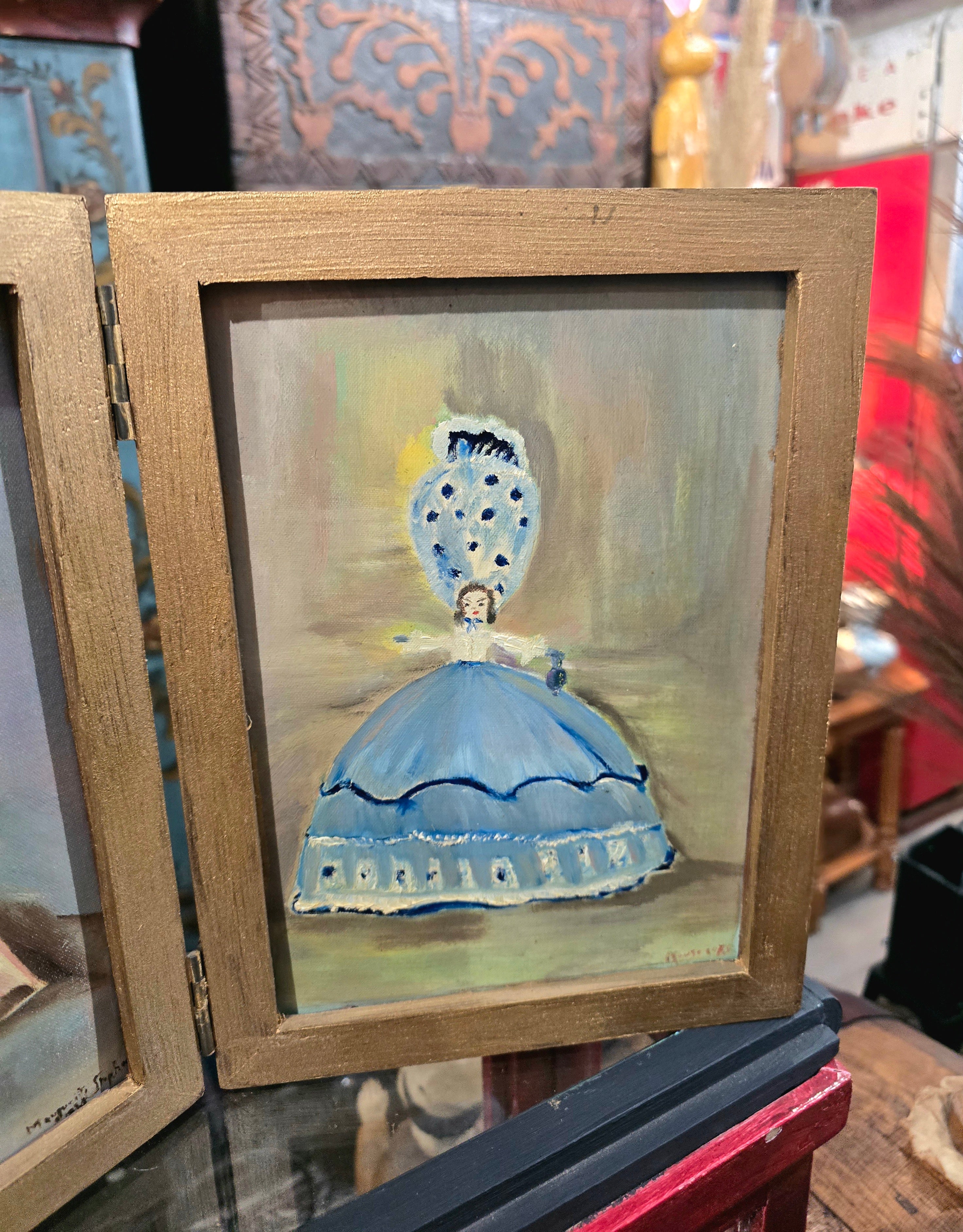 Vintage folding double portrait painting