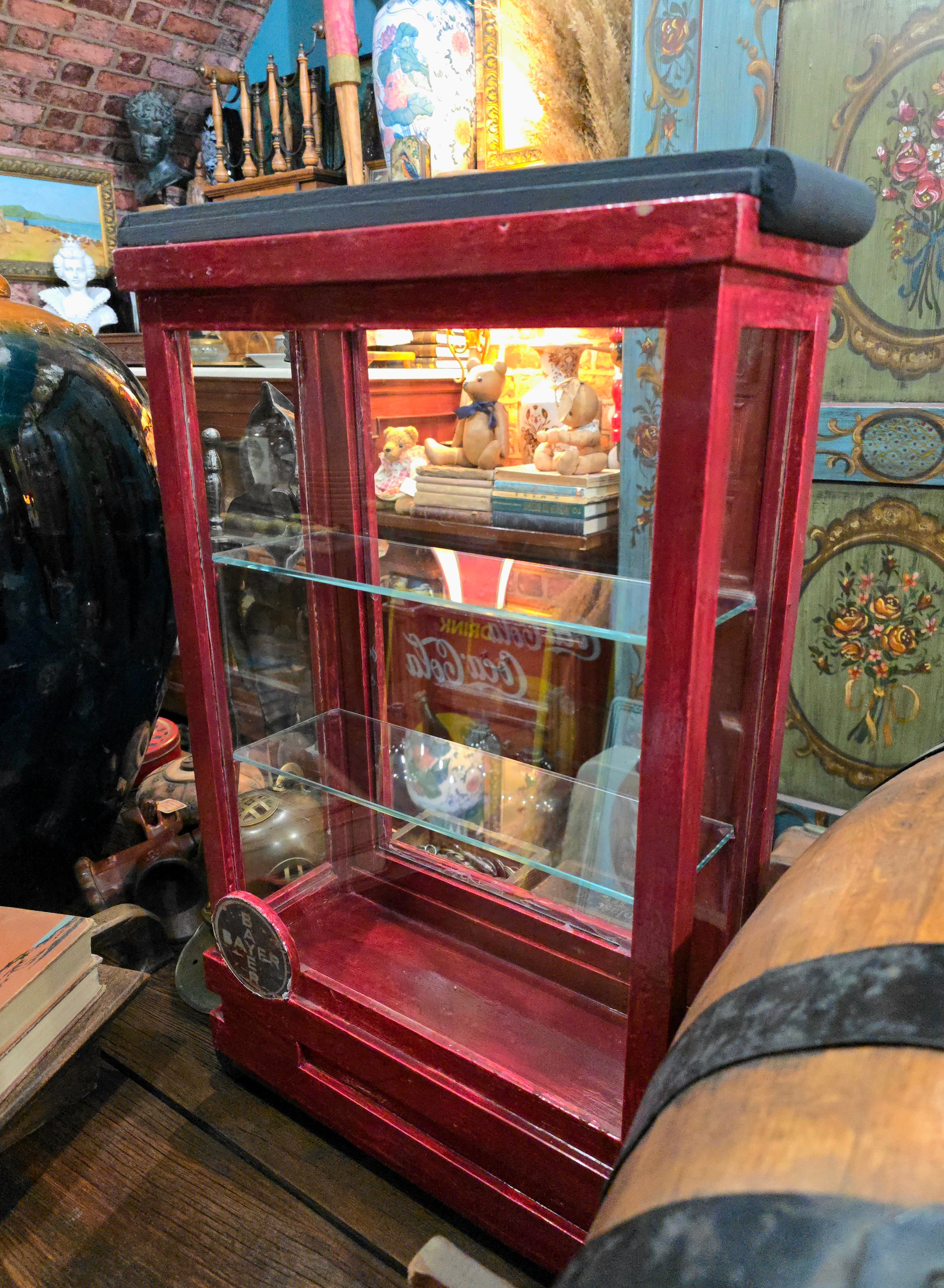 Antique Germany BAYER wooden glass display pharmaceutical cabinet
