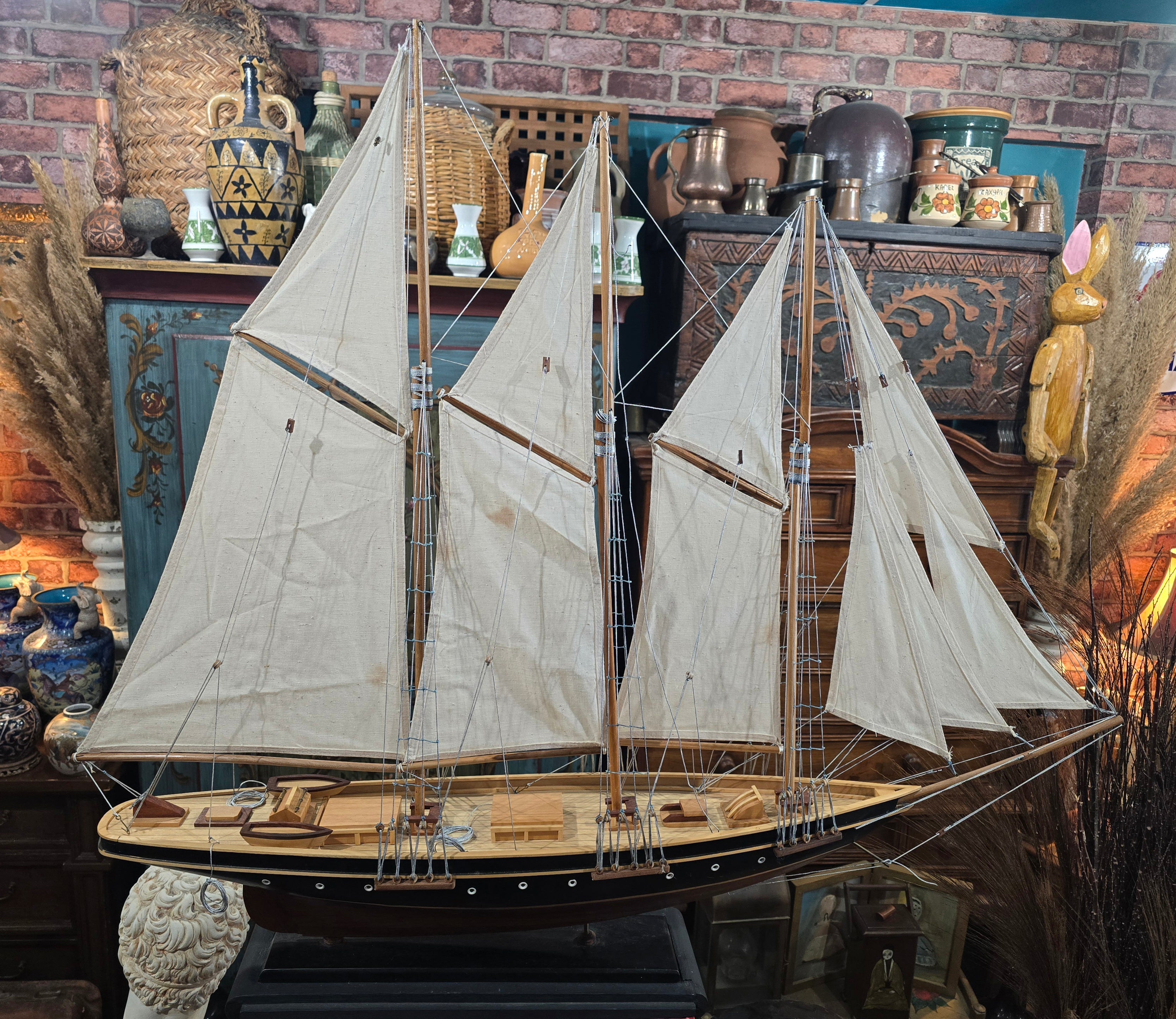 Vintage Handcrafted Wooden Model of Historic Three- Masted Schooner ship