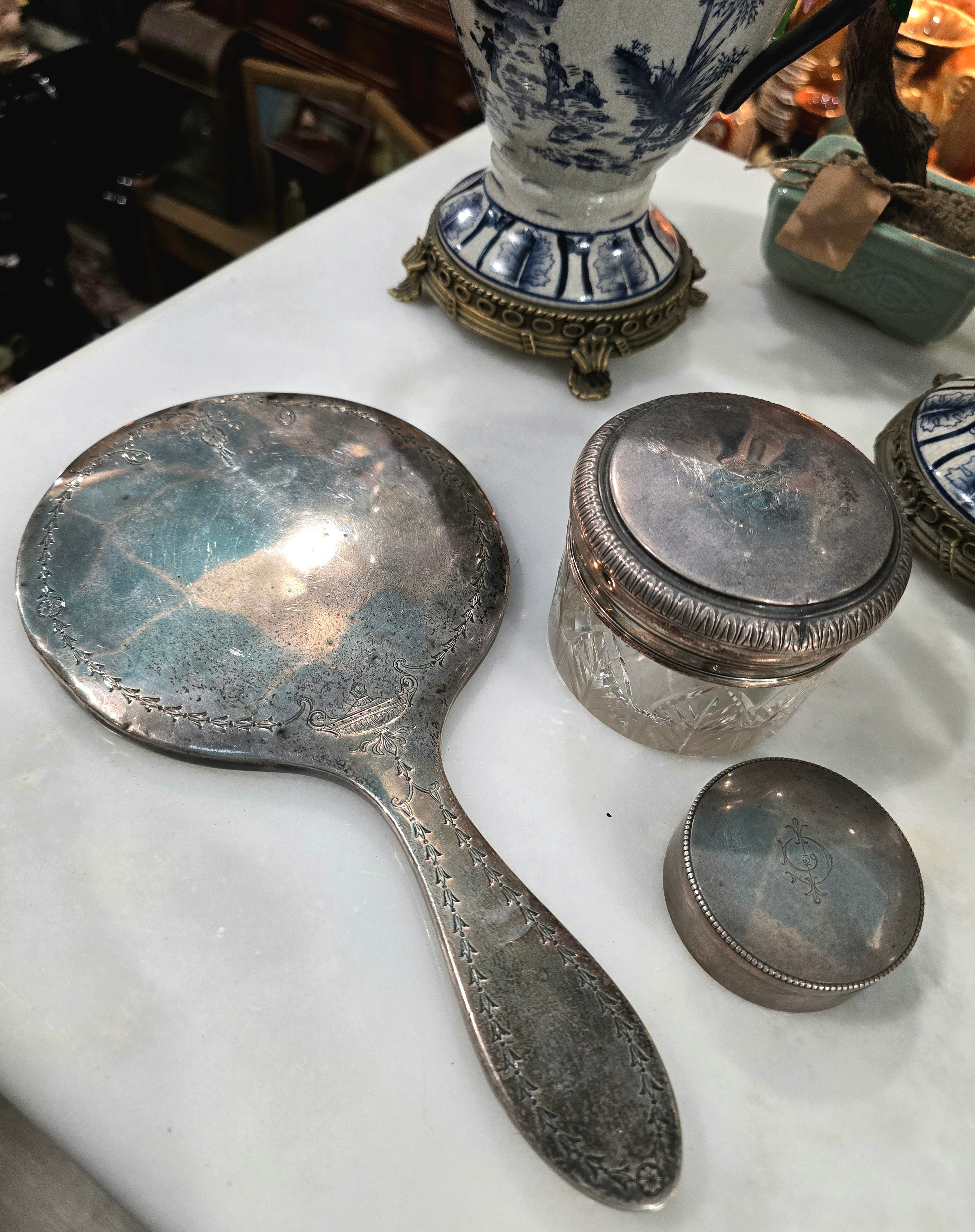 Antique beautiful european 800 Silver Vanity/Dresser Set – Hand Engraved 1890 - 1915