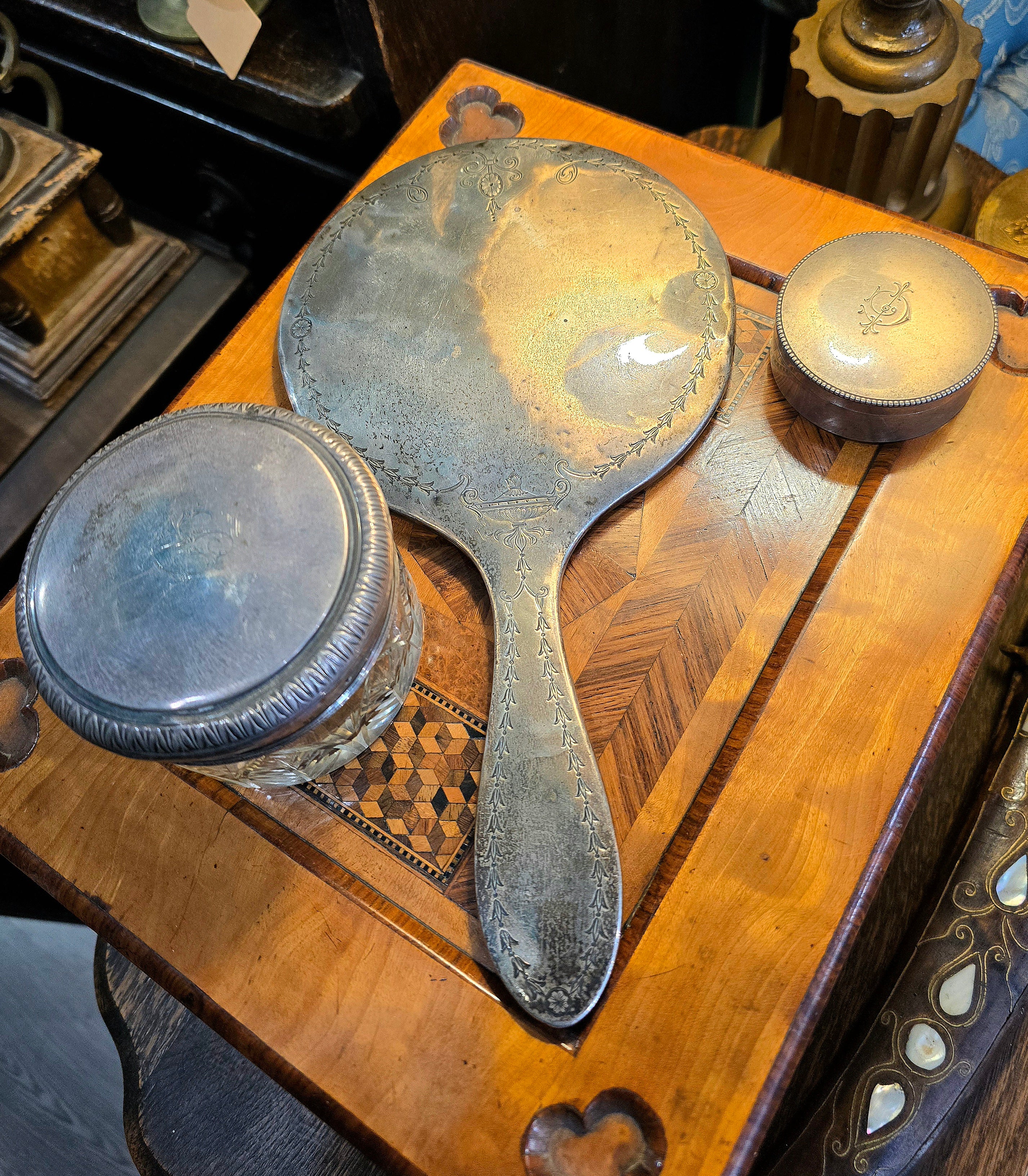 Antique beautiful european 800 Silver Vanity/Dresser Set – Hand Engraved 1890 - 1915