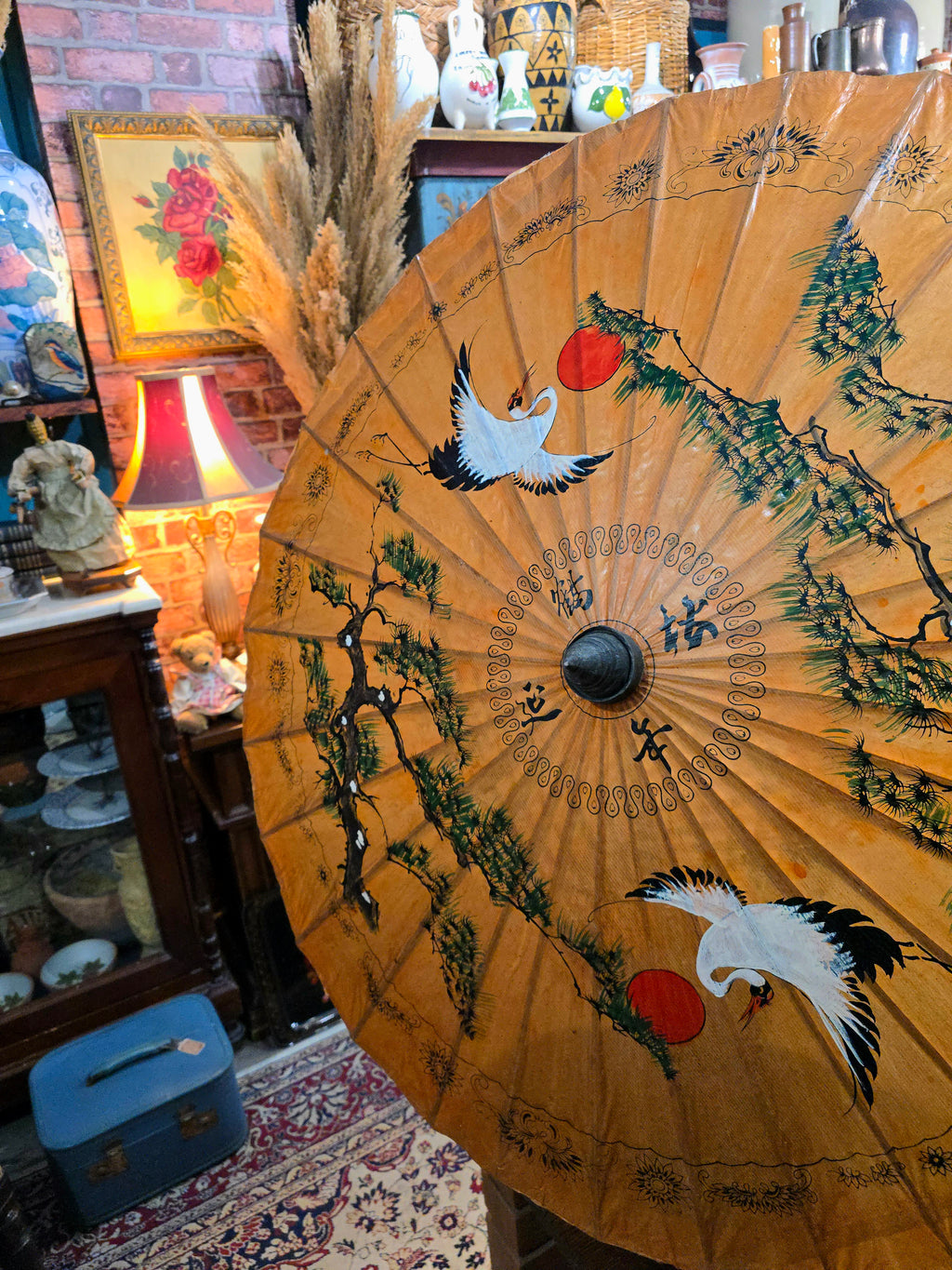 Vintage Japanese hand-painted display umbrella made of lacquered rice paper and bamboo