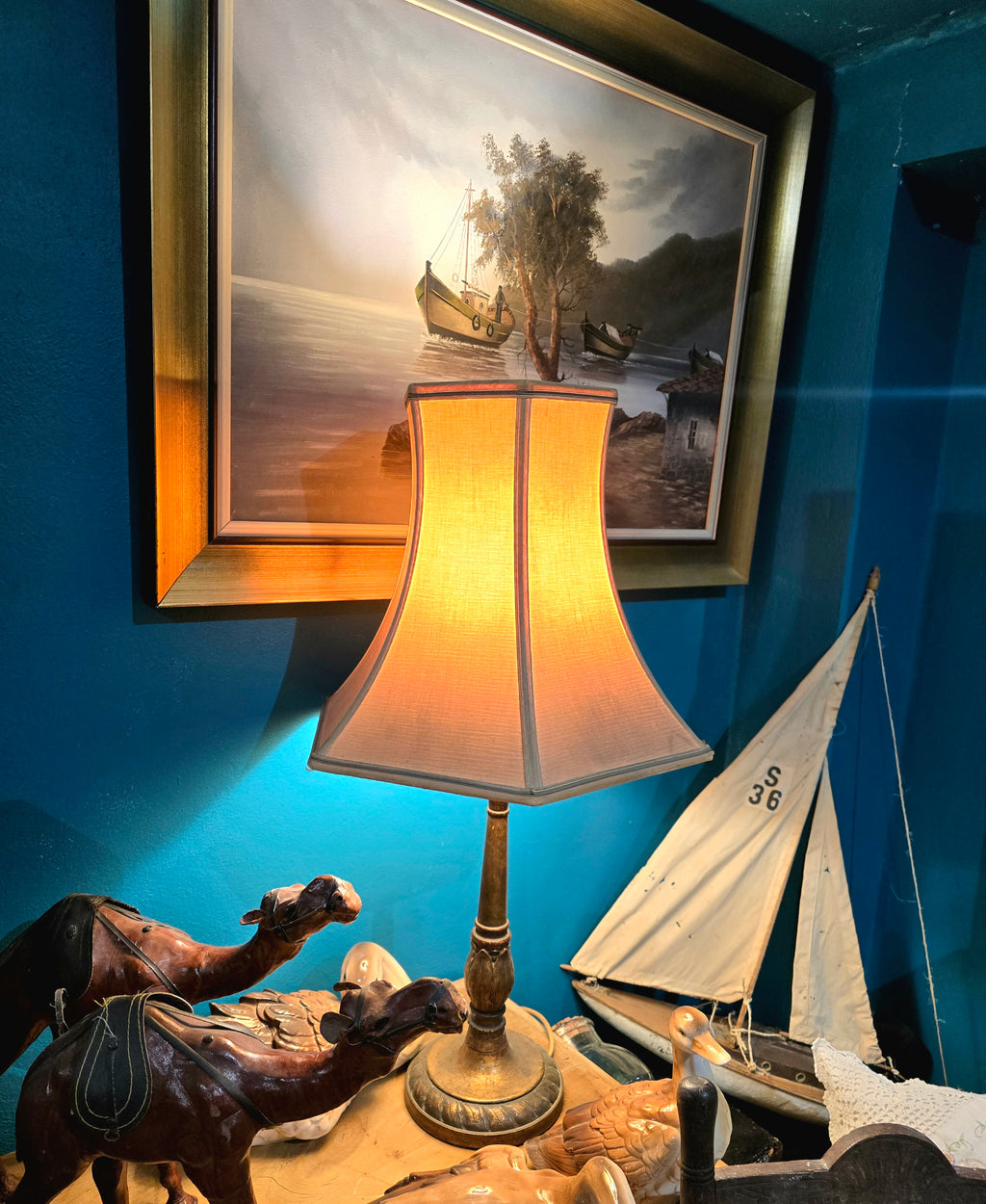 Vintage wood and fabric table lamp