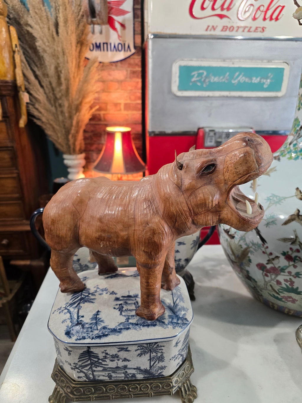 Vintage leather-wrapped hippopotamus figure