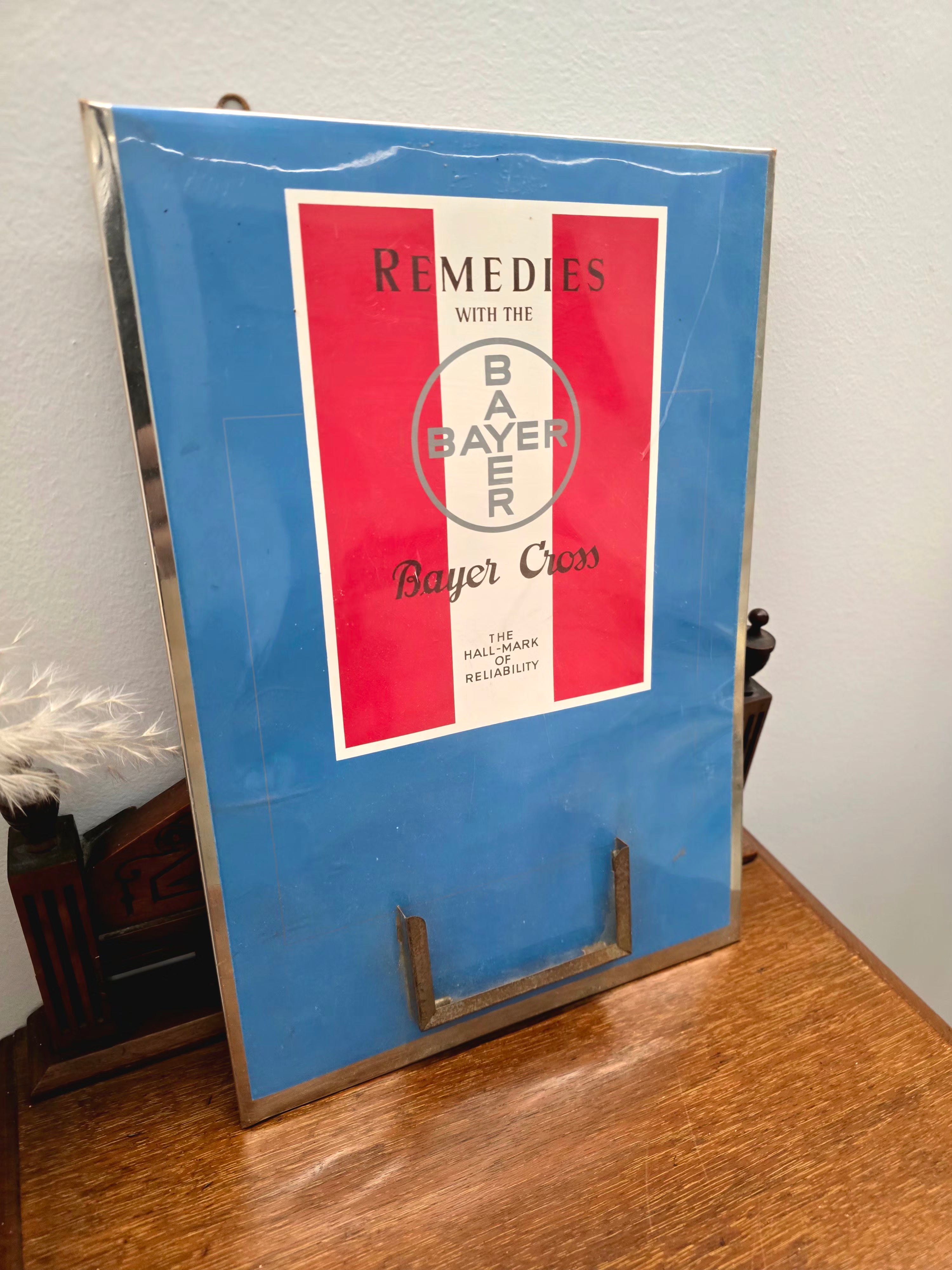 Antique Remedies With Bayer Cross Tin Sign Board Germany