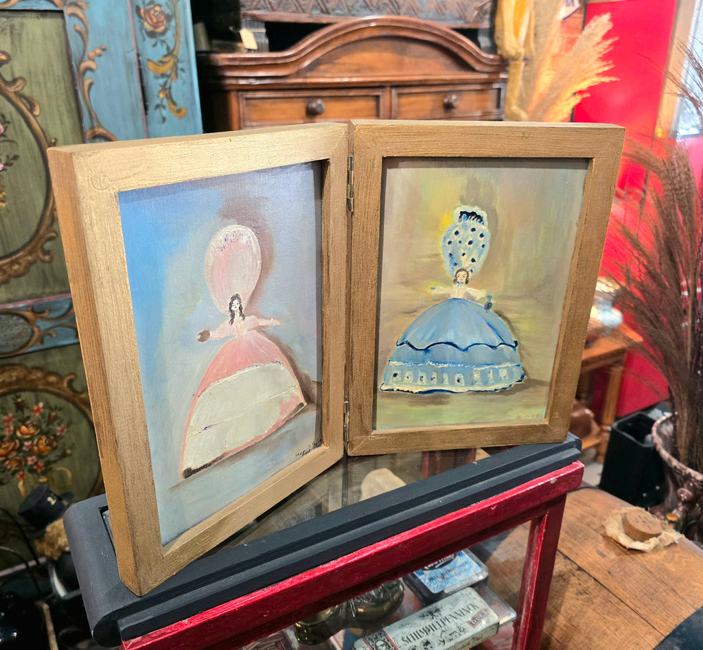 Vintage folding double portrait painting