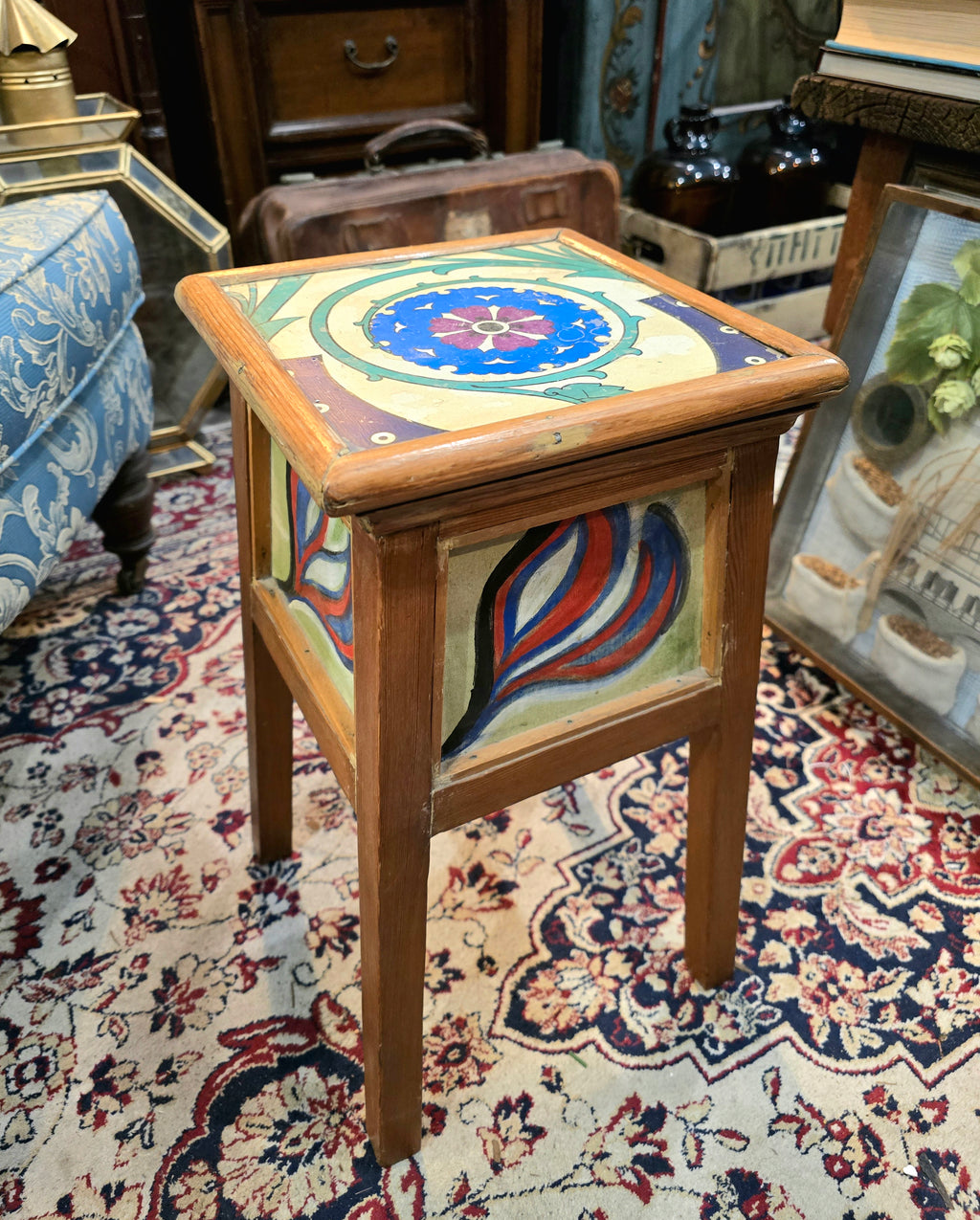 Vintage Arts & Crafts style side table with hand-painted tiles