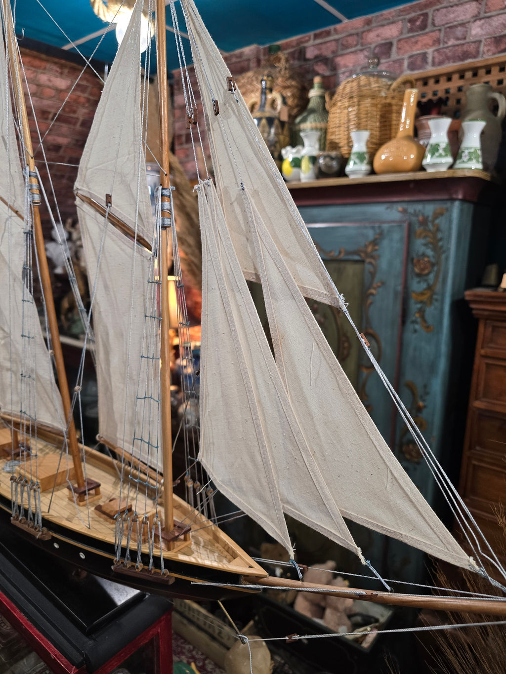 Vintage Handcrafted Wooden Model of Historic Three- Masted Schooner ship