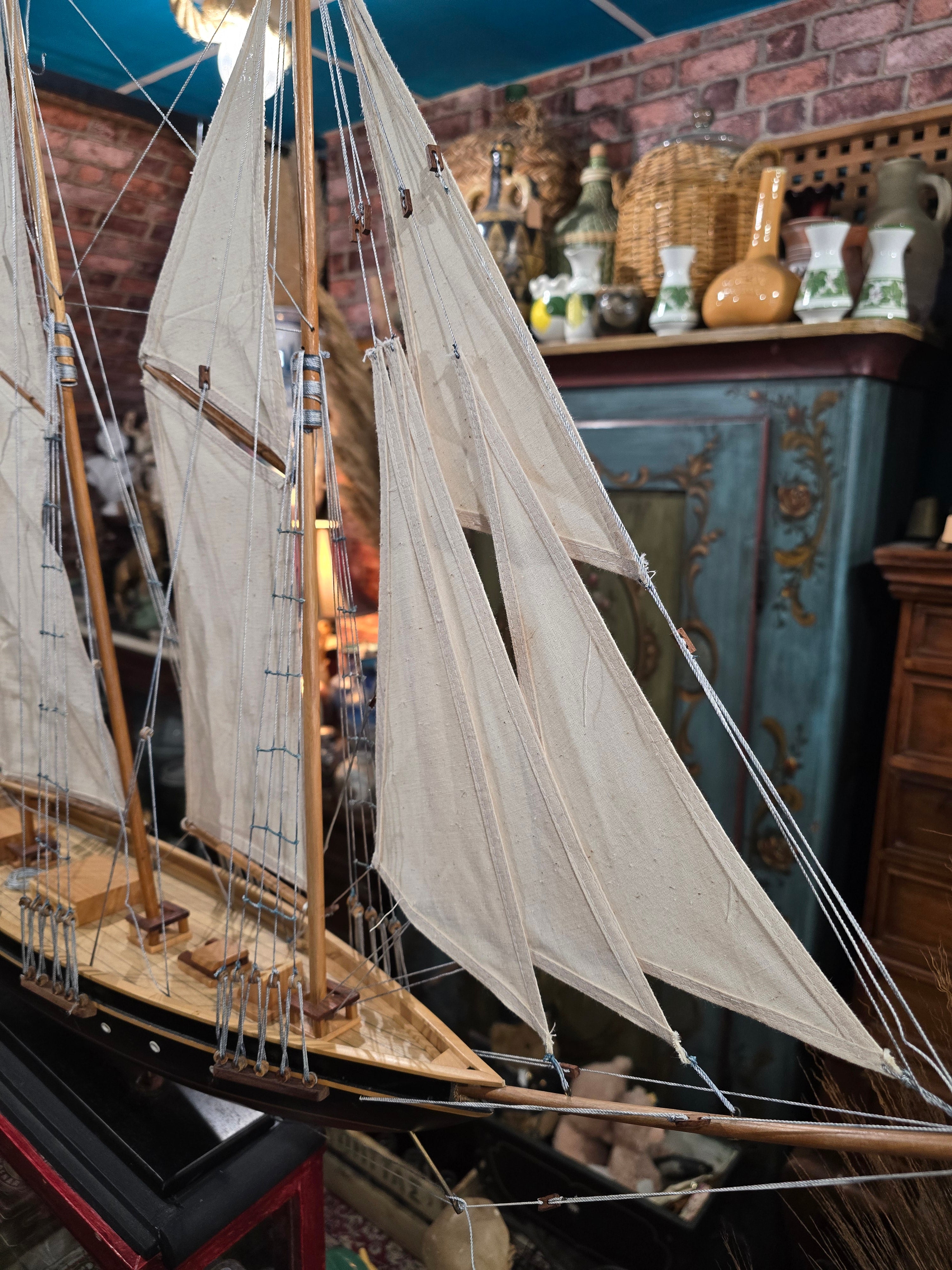 Vintage Handcrafted Wooden Model of Historic Three- Masted Schooner ship