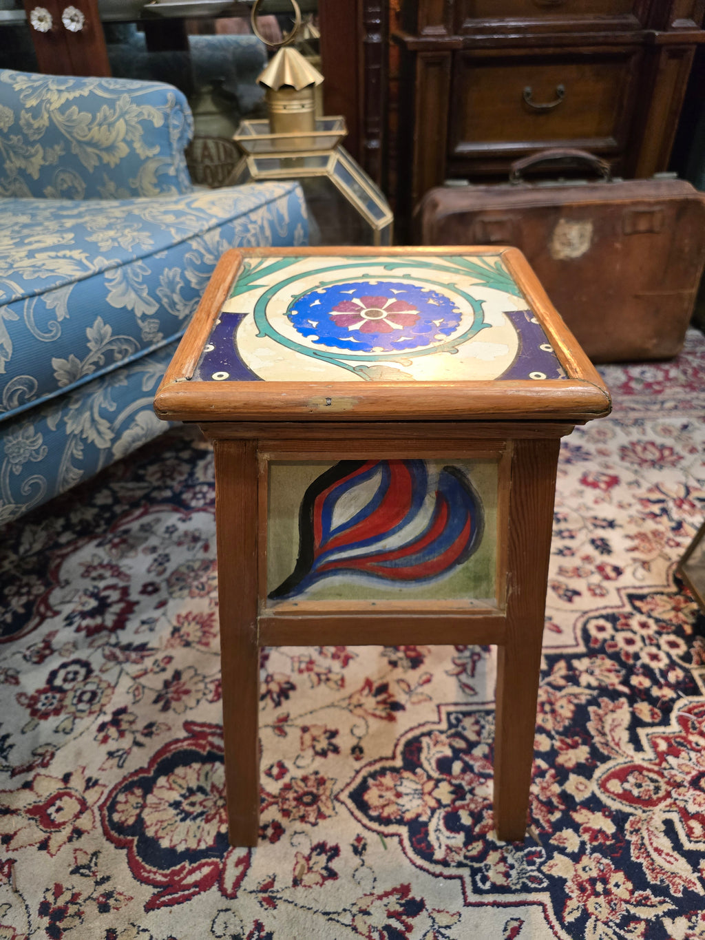 Vintage Arts & Crafts style side table with hand-painted tiles
