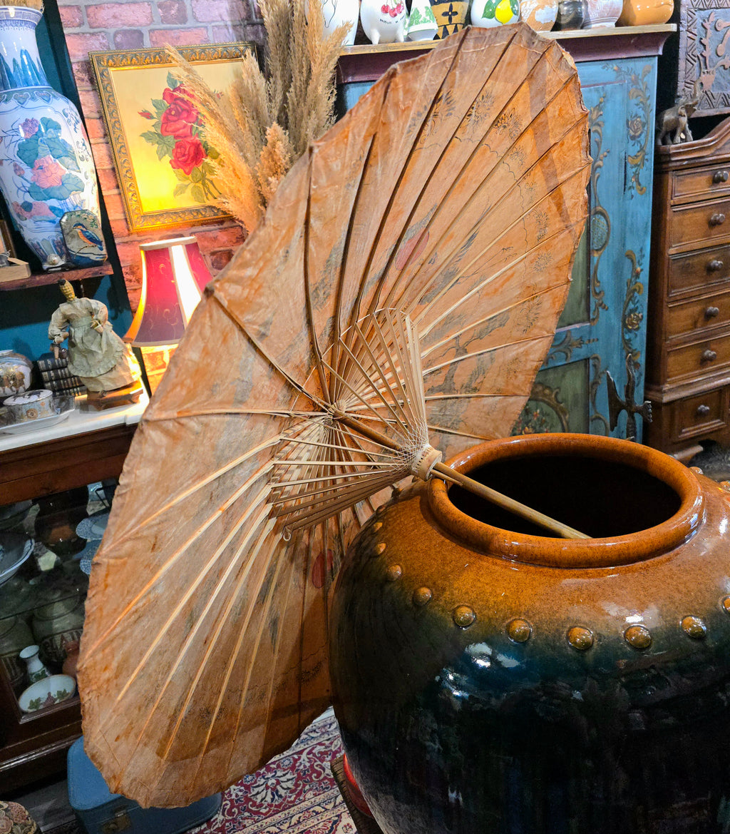 Vintage Japanese hand-painted display umbrella made of lacquered rice paper and bamboo