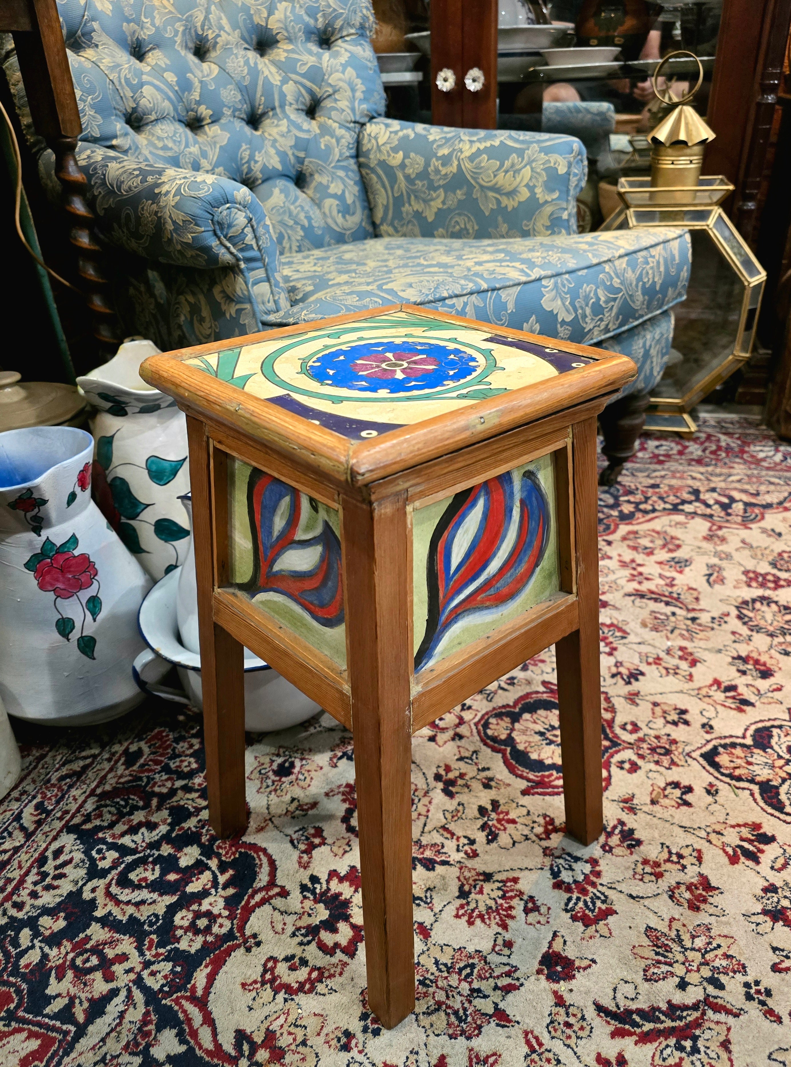 Vintage Arts & Crafts style side table with hand-painted tiles