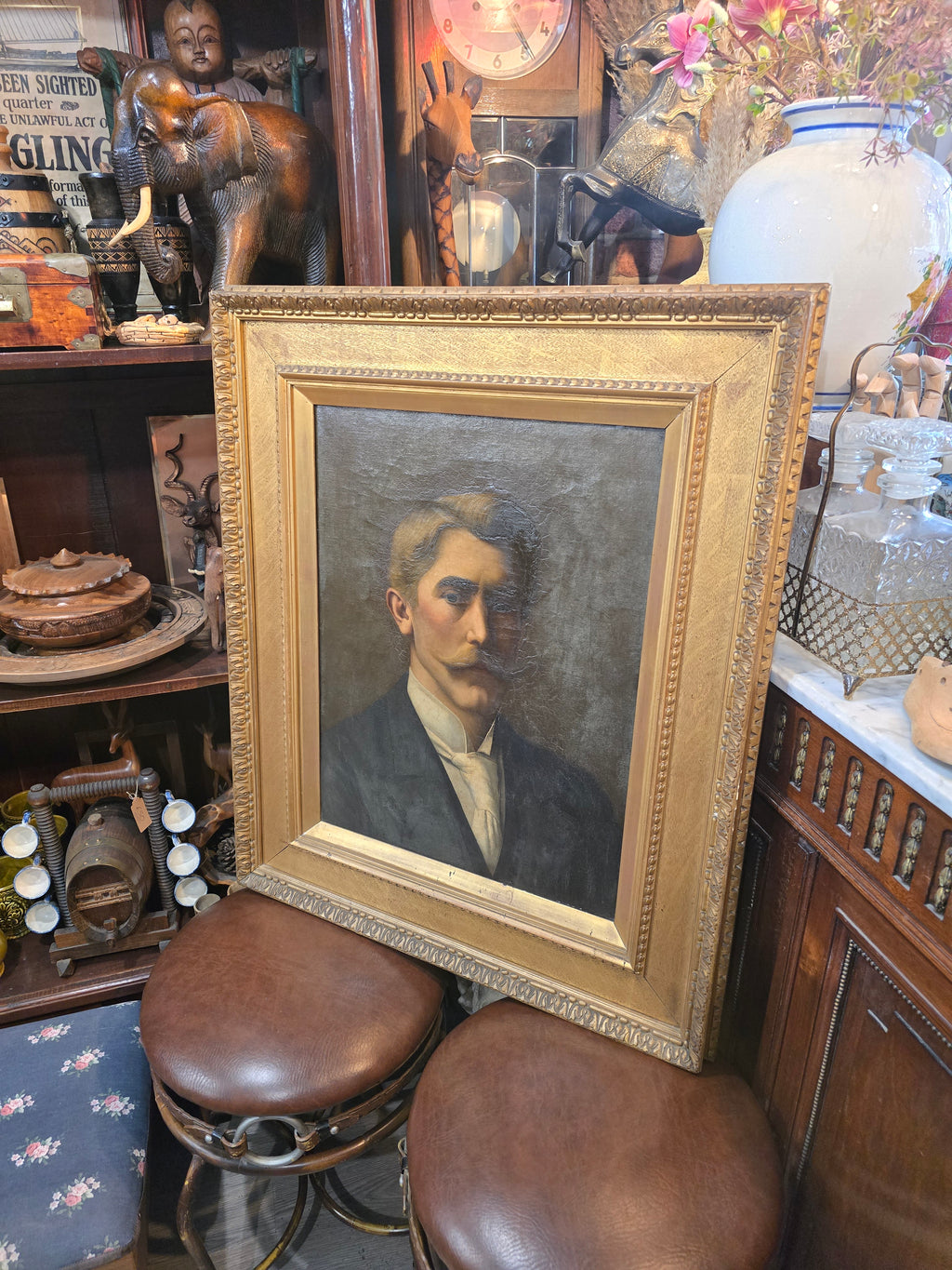 Antique 19th Century Oil Canvas Portrait Painting