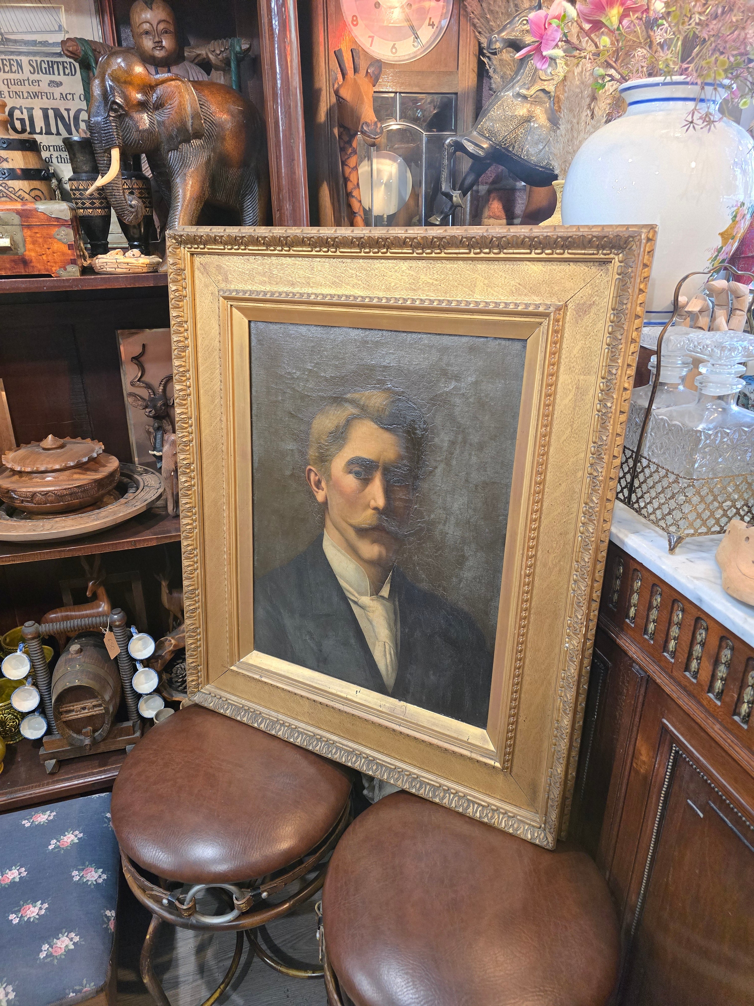 Antique 19th Century Oil Canvas Portrait Painting