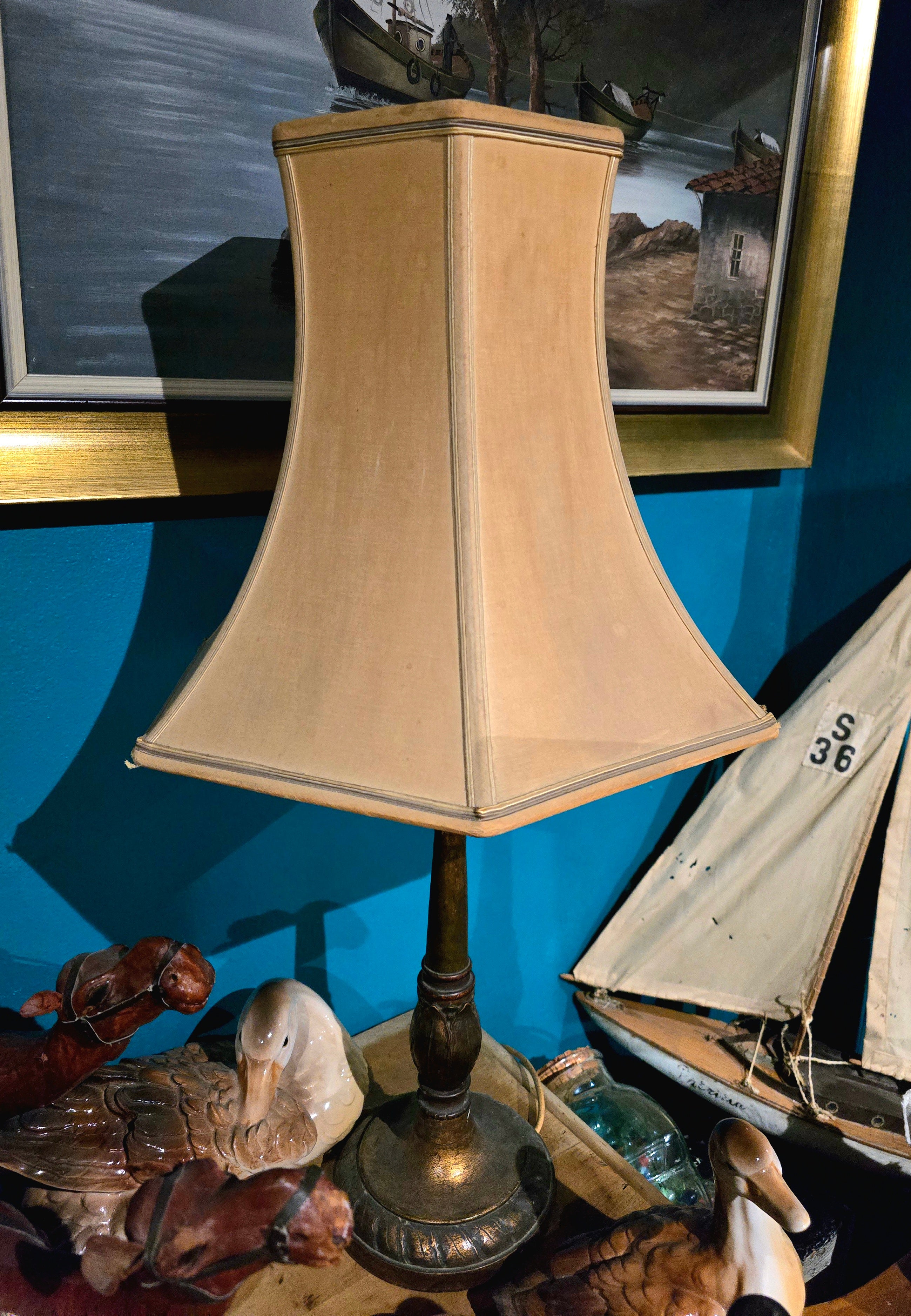 Vintage wood and fabric table lamp