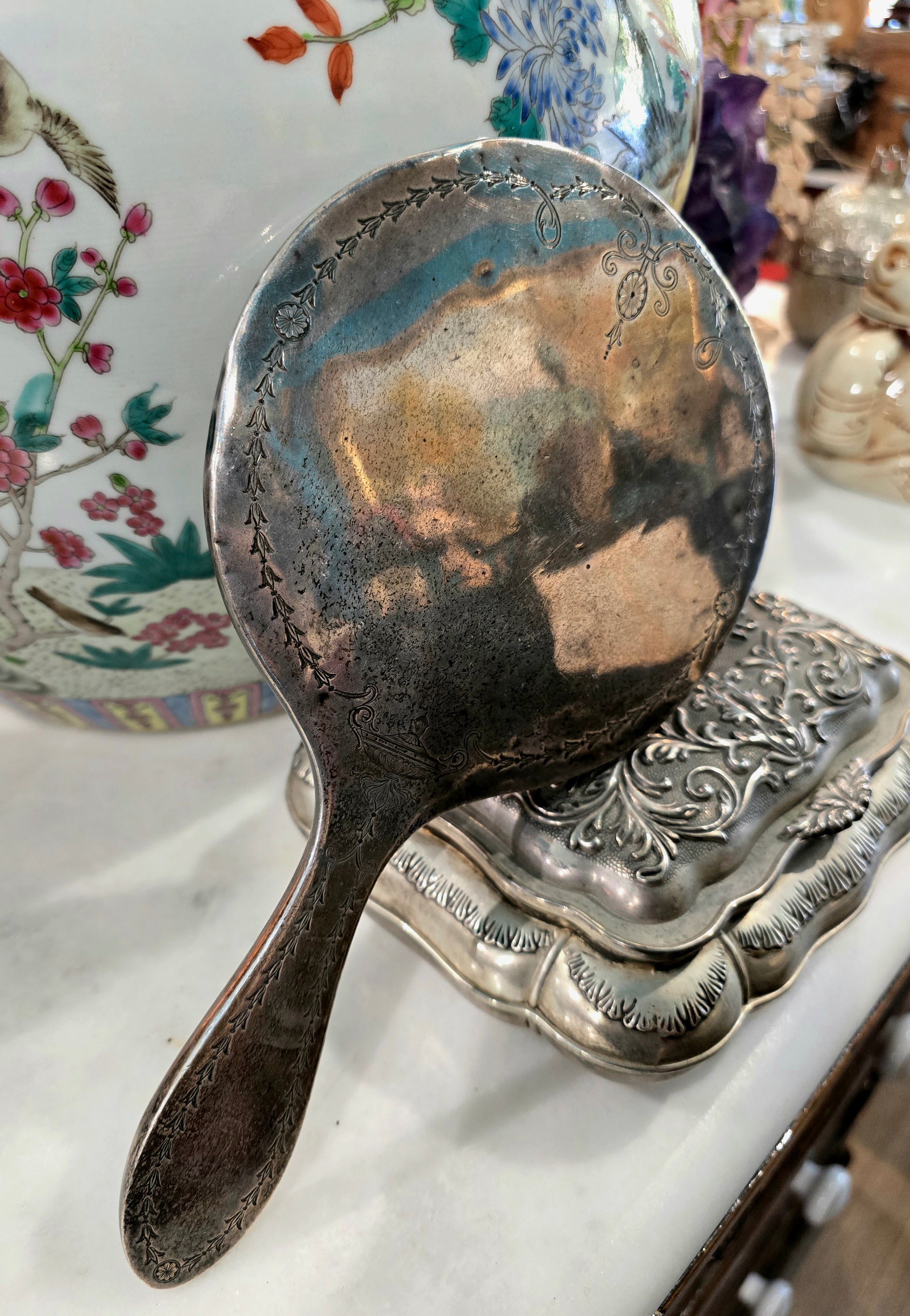 Antique beautiful european 800 Silver Vanity/Dresser Set – Hand Engraved 1890 - 1915
