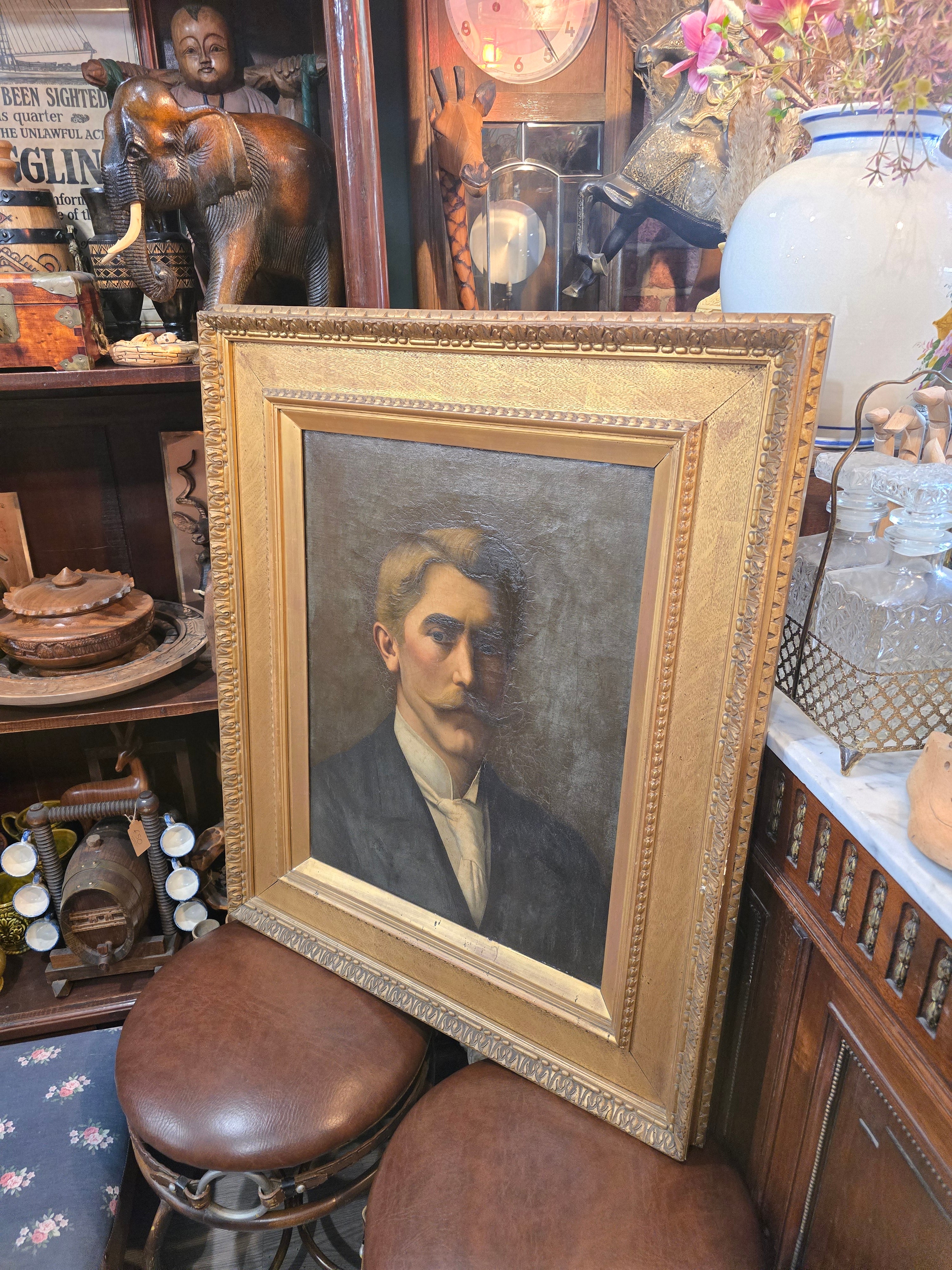 Antique 19th Century Oil Canvas Portrait Painting
