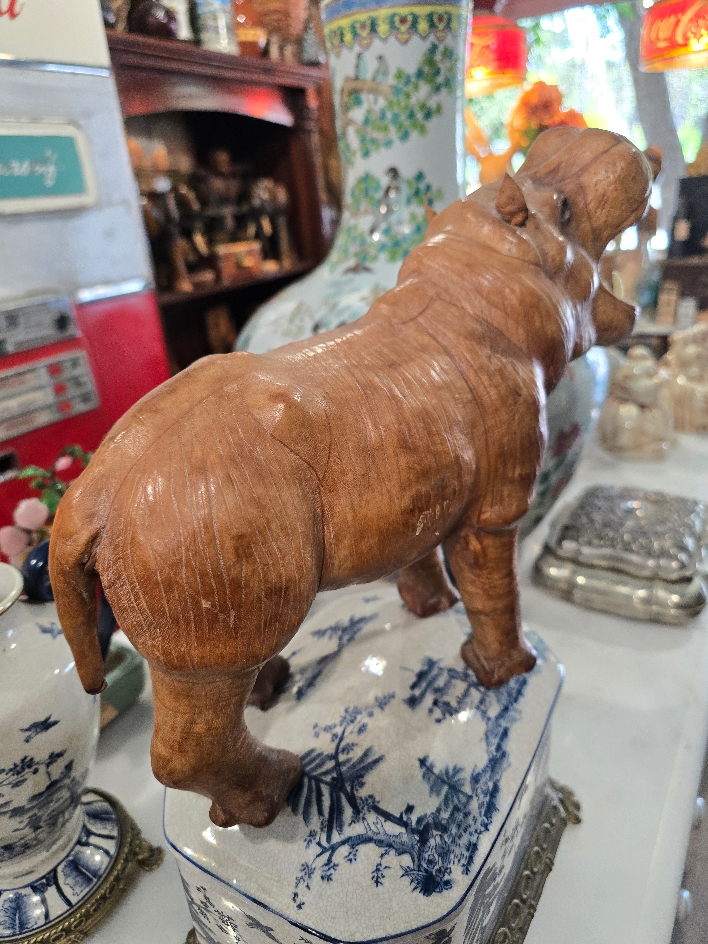 Vintage leather-wrapped hippopotamus figure