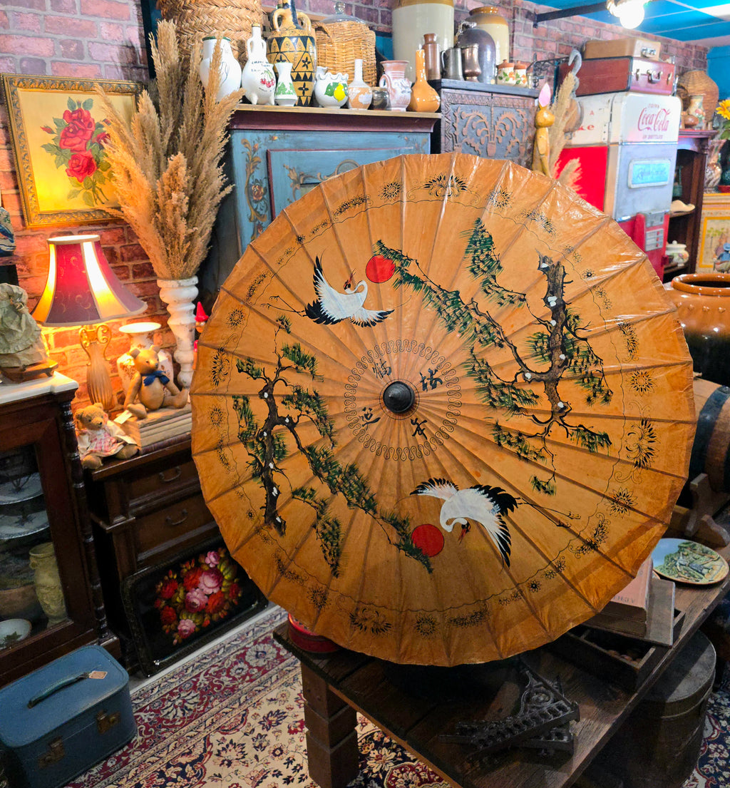 Vintage Japanese hand-painted display umbrella made of lacquered rice paper and bamboo