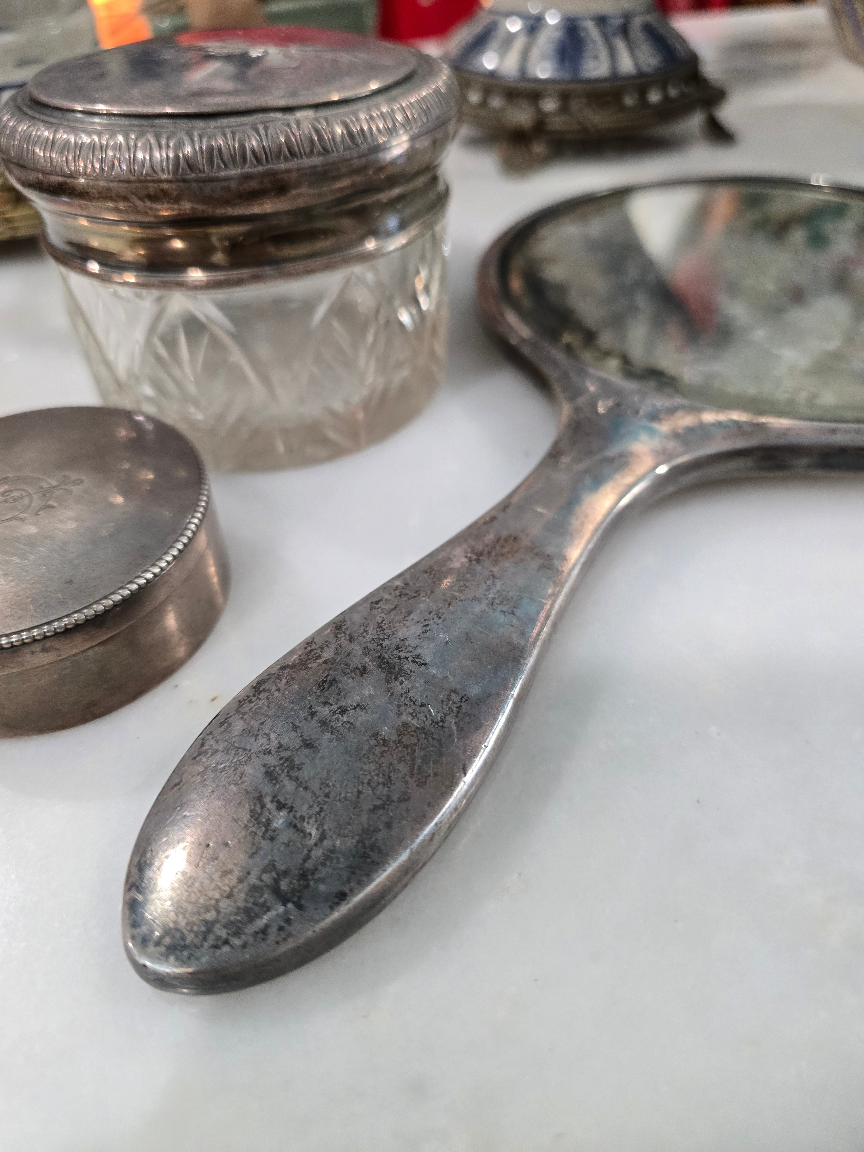 Antique beautiful european 800 Silver Vanity/Dresser Set – Hand Engraved 1890 - 1915