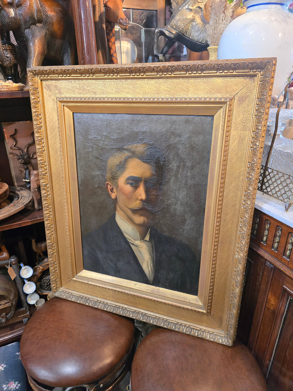 Antique 19th Century Oil Canvas Portrait Painting
