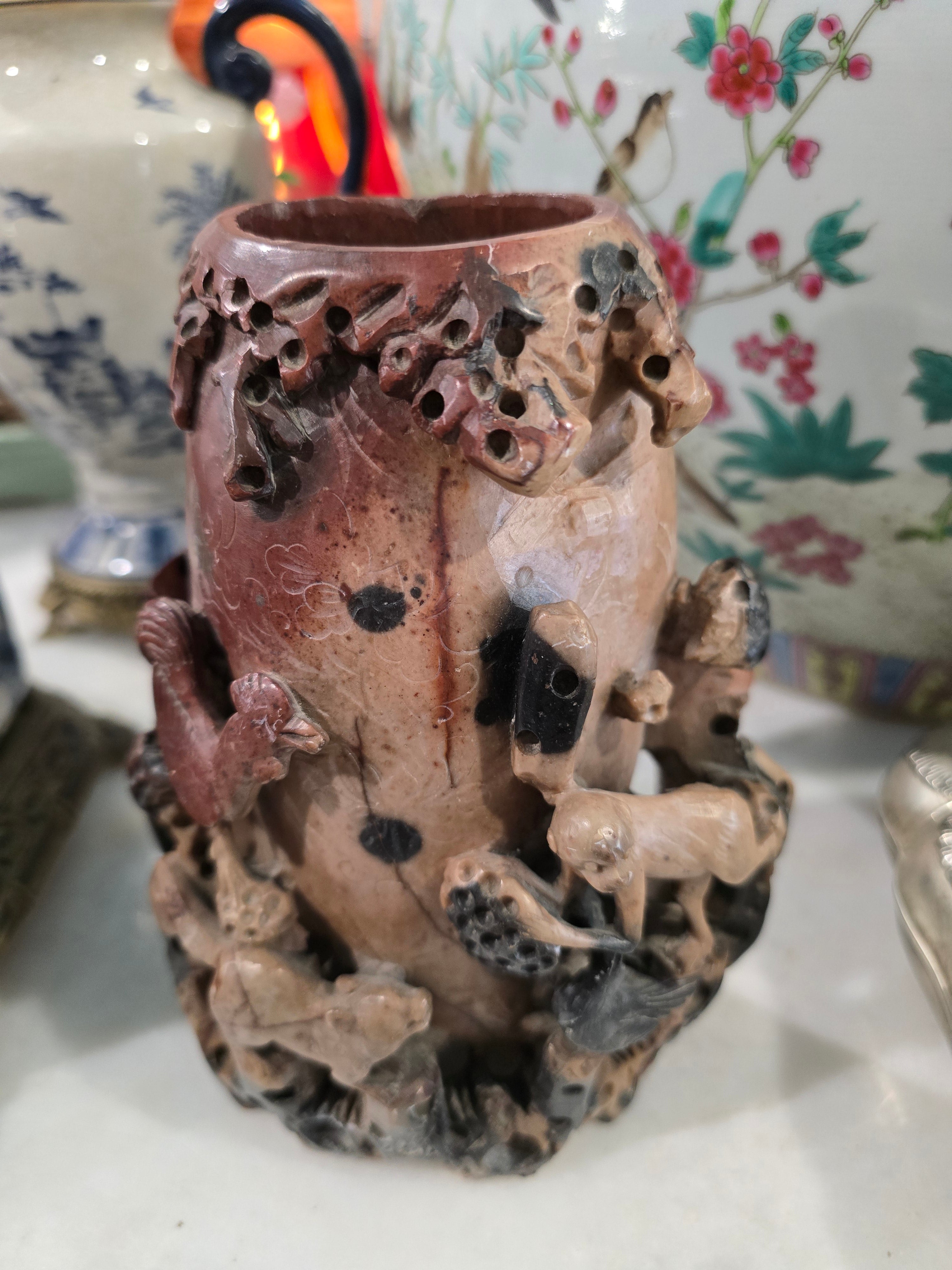 Vintage Chinese Soapstone Carving - Figural Tree Stump Sculpture