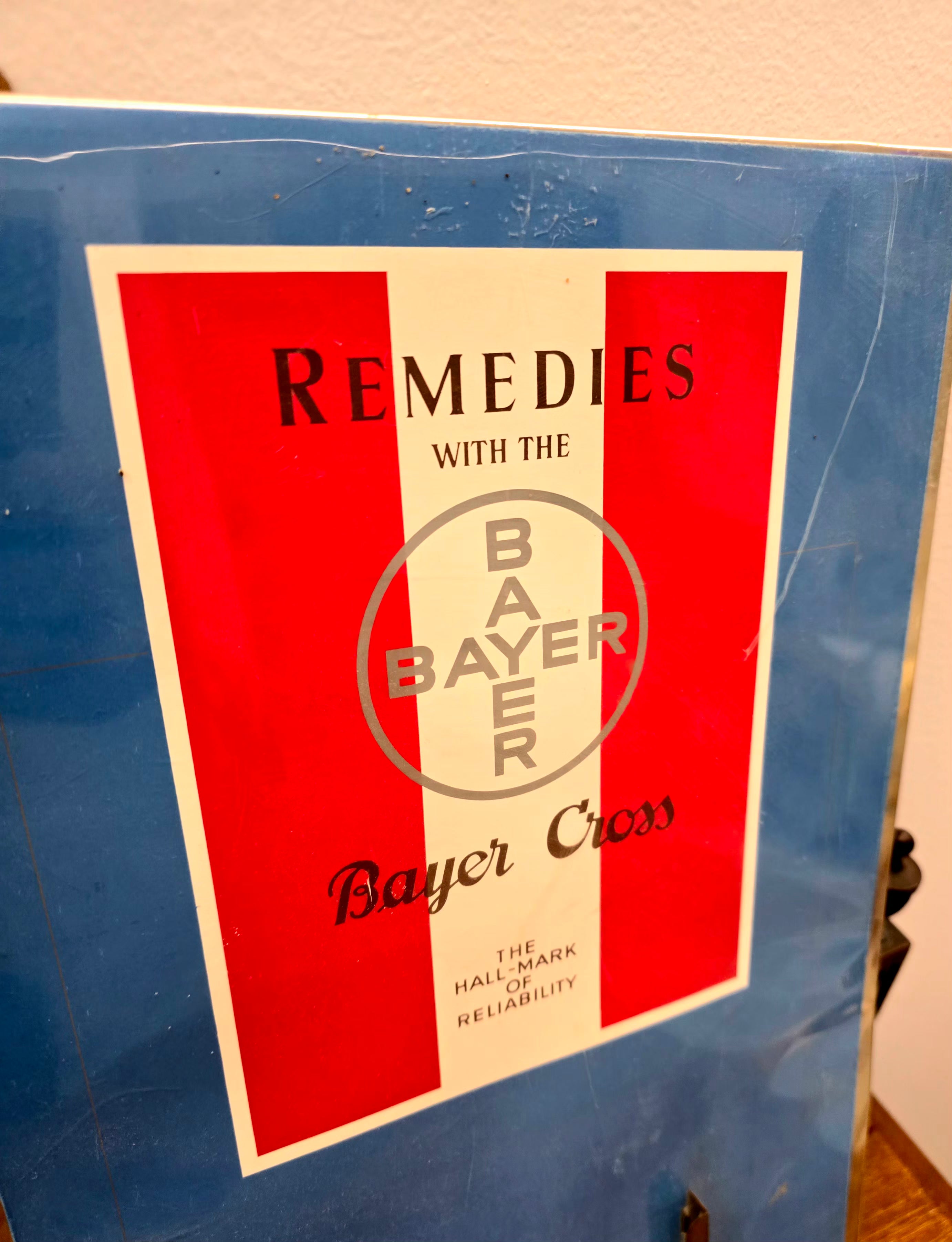 Antique Remedies With Bayer Cross Tin Sign Board Germany