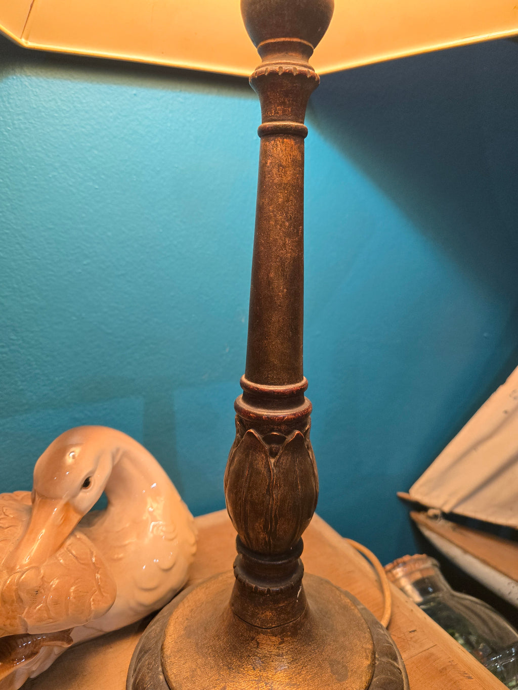 Vintage wood and fabric table lamp