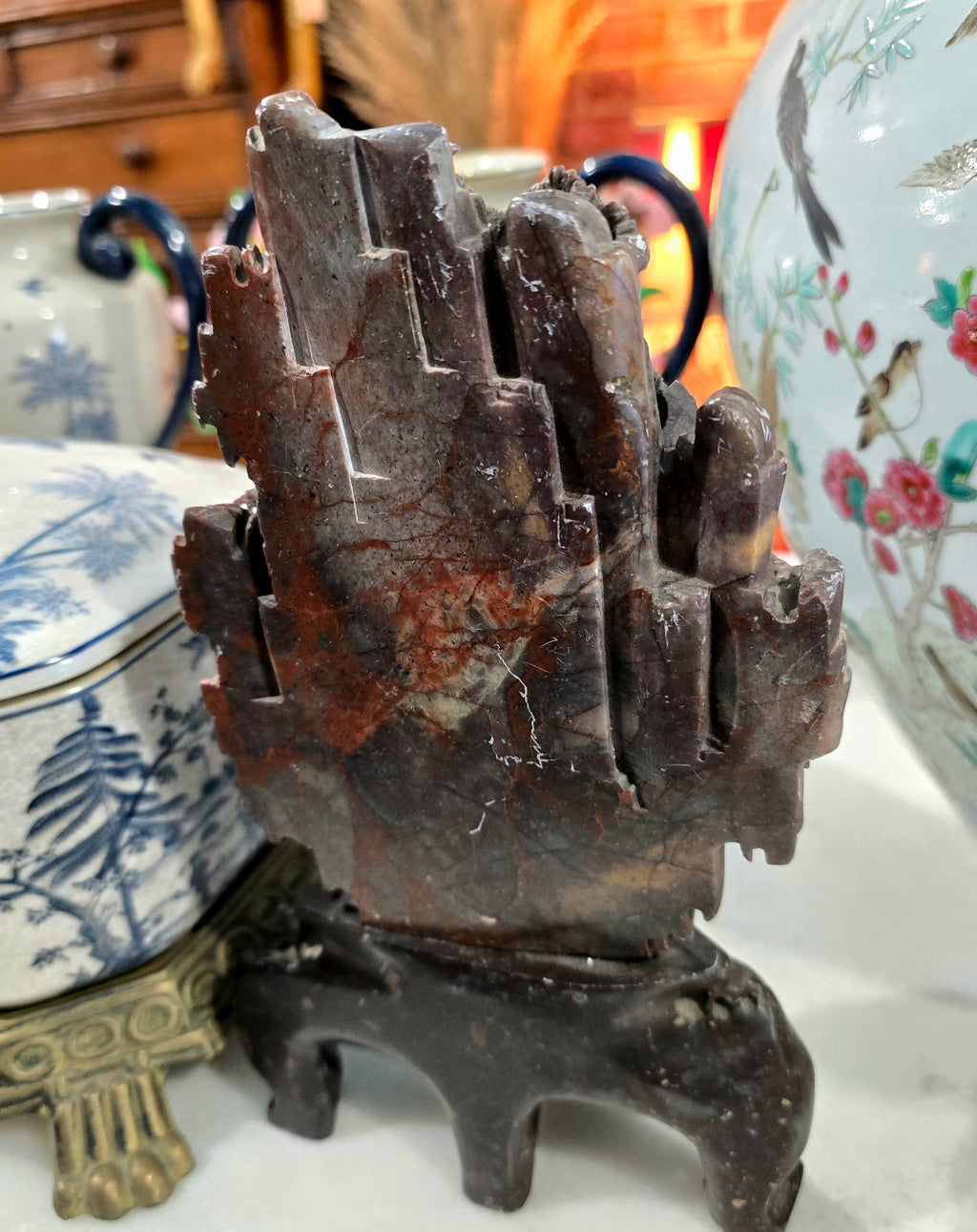 Vintage Chinese Soapstone Landscape Carving Sculpture on Wooden Stand