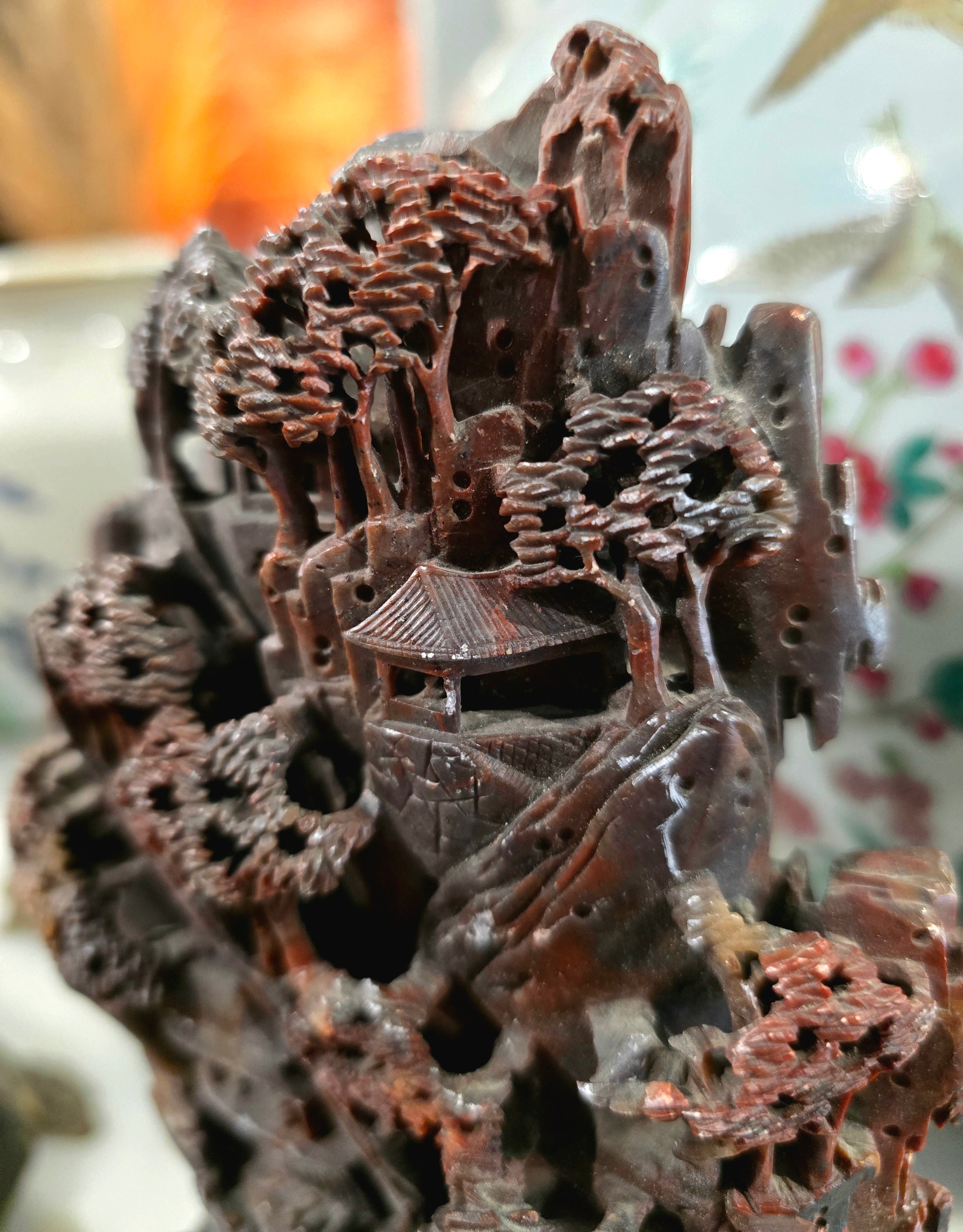 Vintage Chinese Soapstone Landscape Carving Sculpture on Wooden Stand