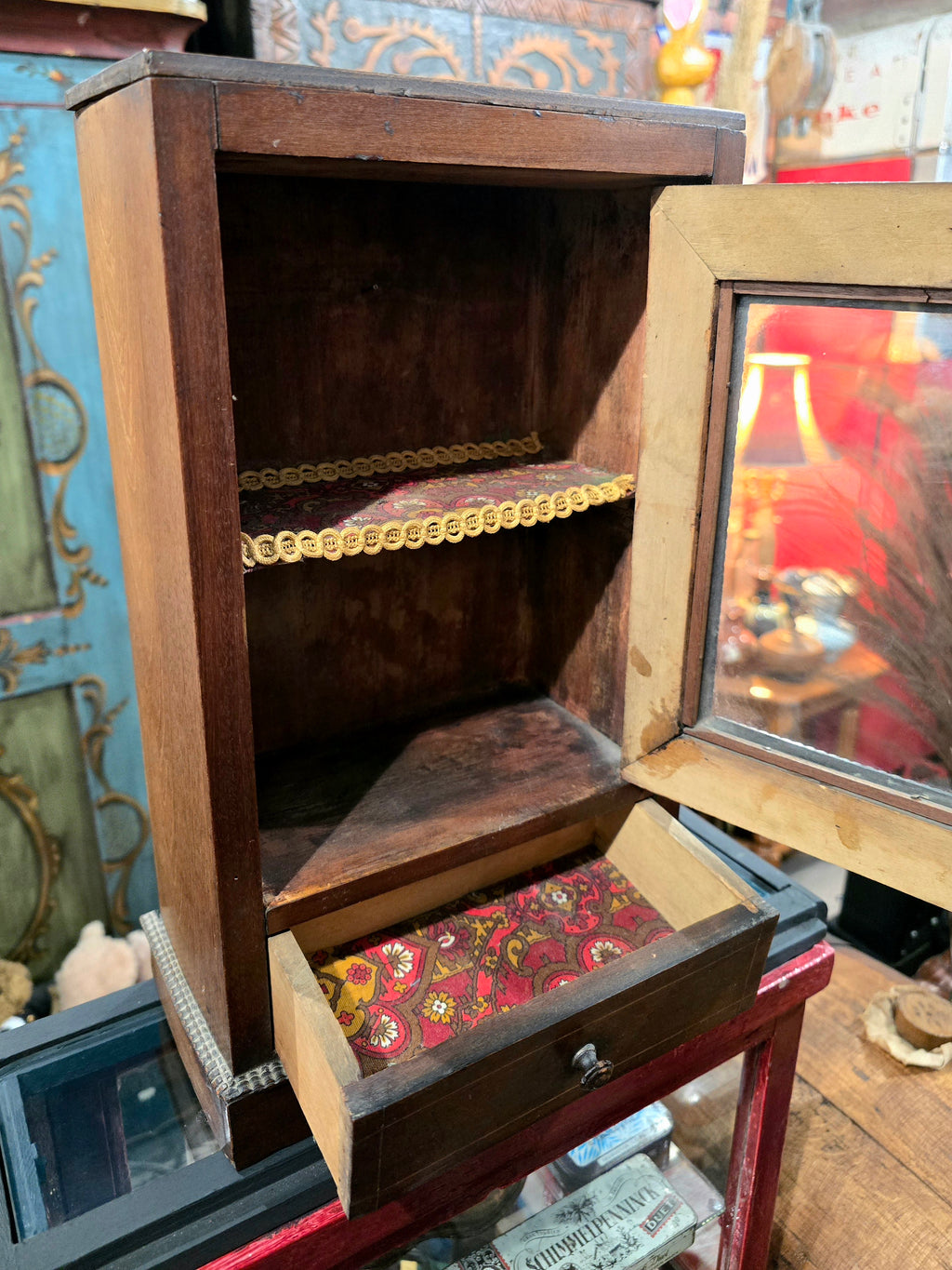 Antique miniature showcase doll or small showcase wooden cabinet