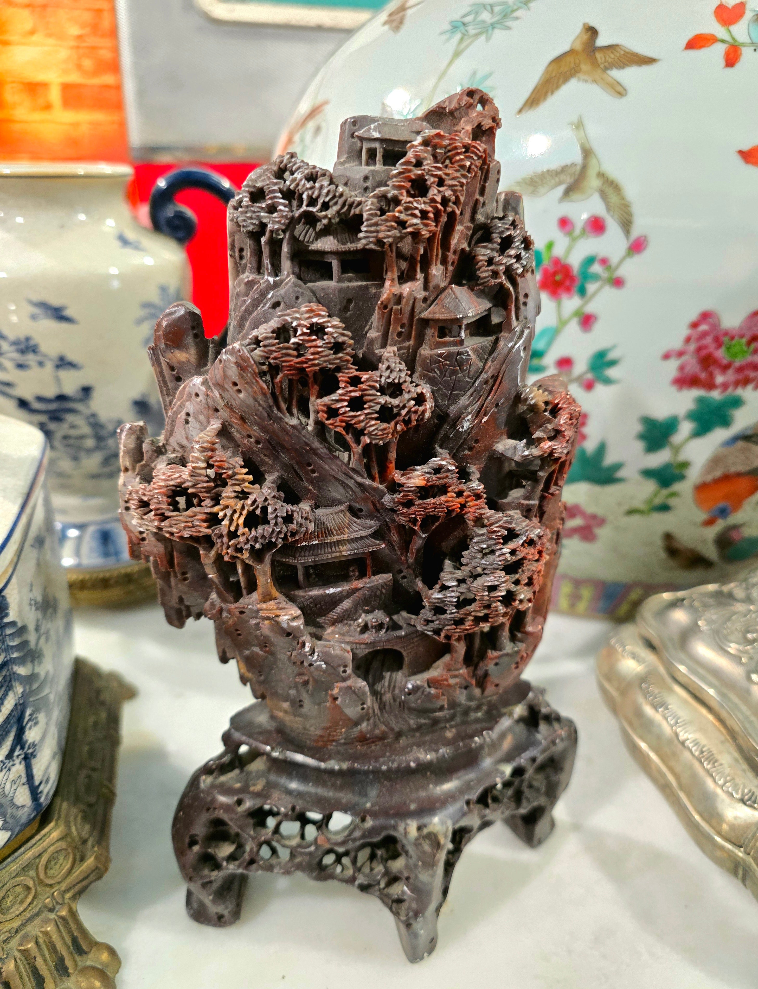 Vintage Chinese Soapstone Landscape Carving Sculpture on Wooden Stand