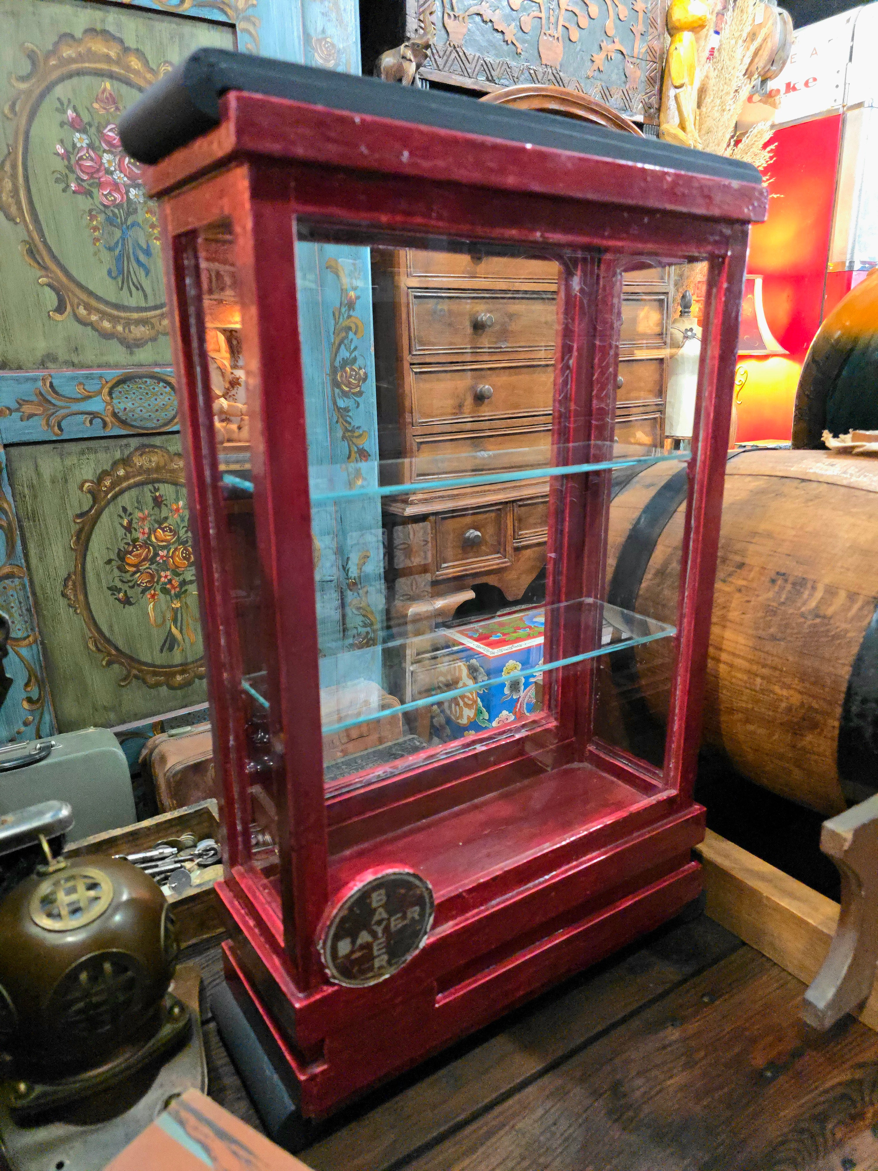 Antique Germany BAYER wooden glass display pharmaceutical cabinet