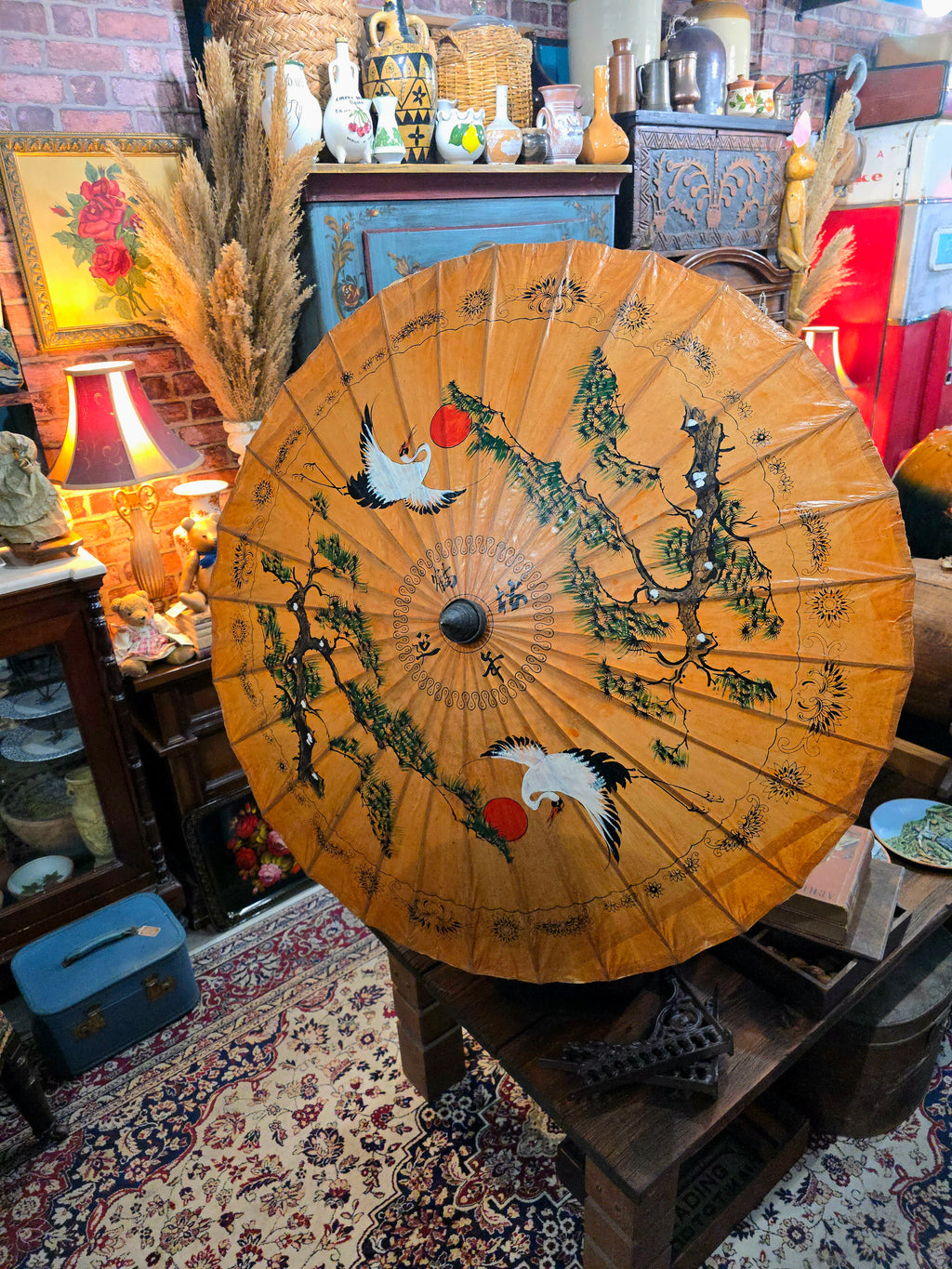 Vintage Japanese hand-painted display umbrella made of lacquered rice paper and bamboo