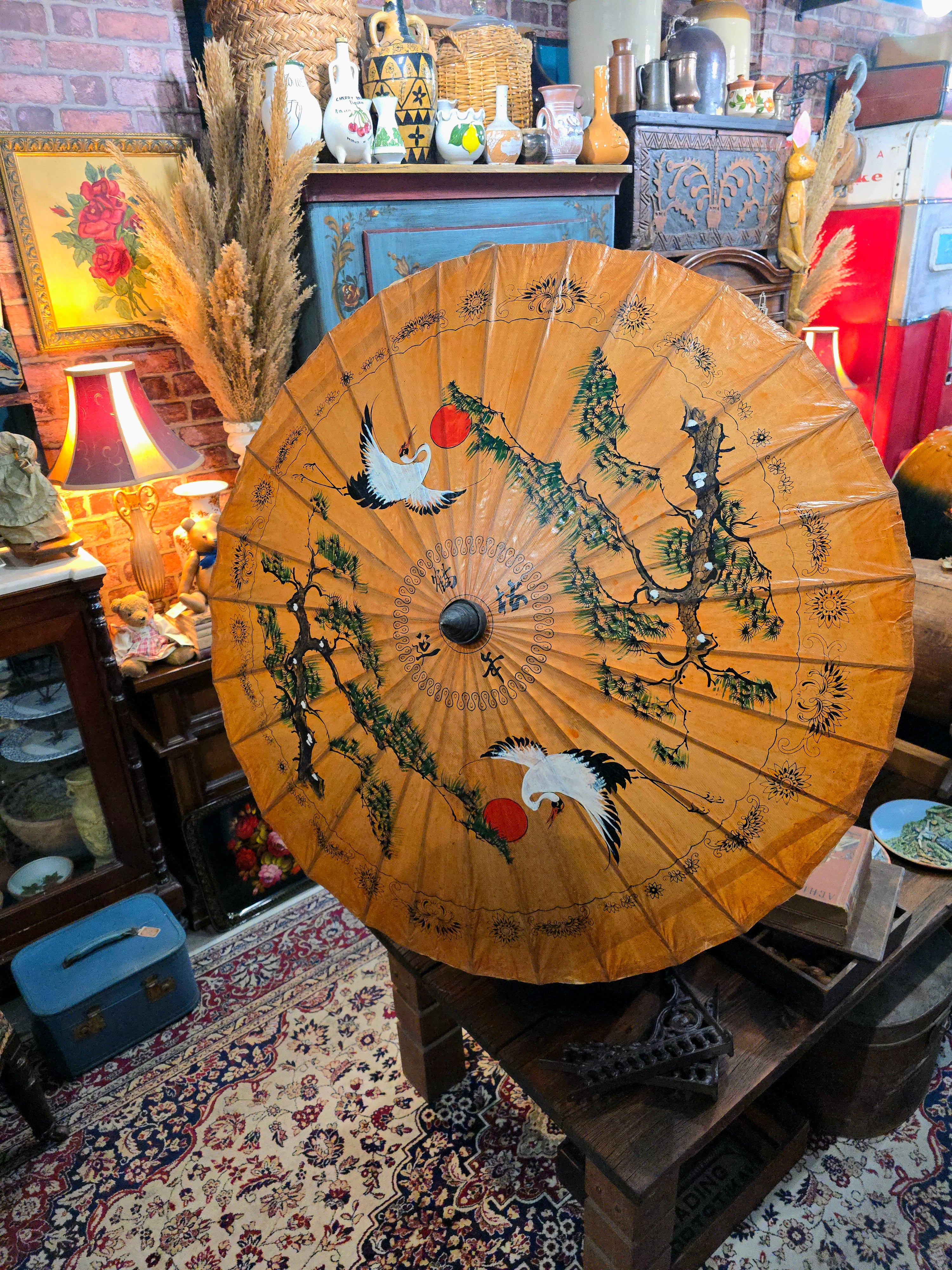 Vintage Japanese hand-painted display umbrella made of lacquered rice paper and bamboo