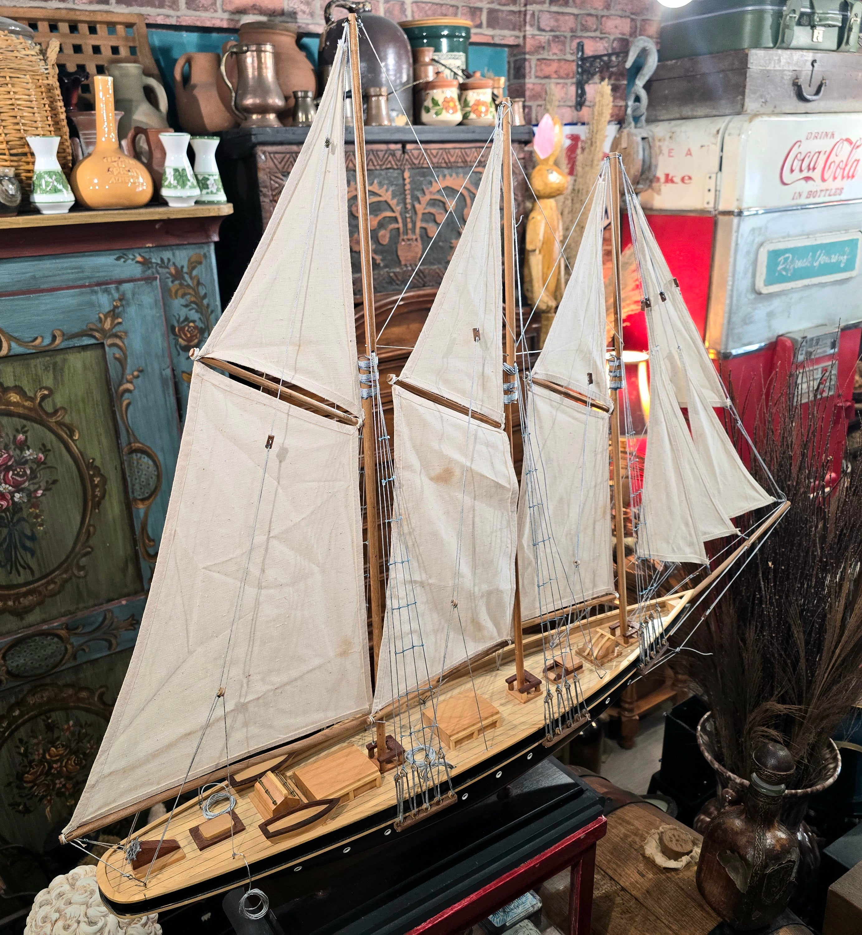 Vintage Handcrafted Wooden Model of Historic Three- Masted Schooner ship