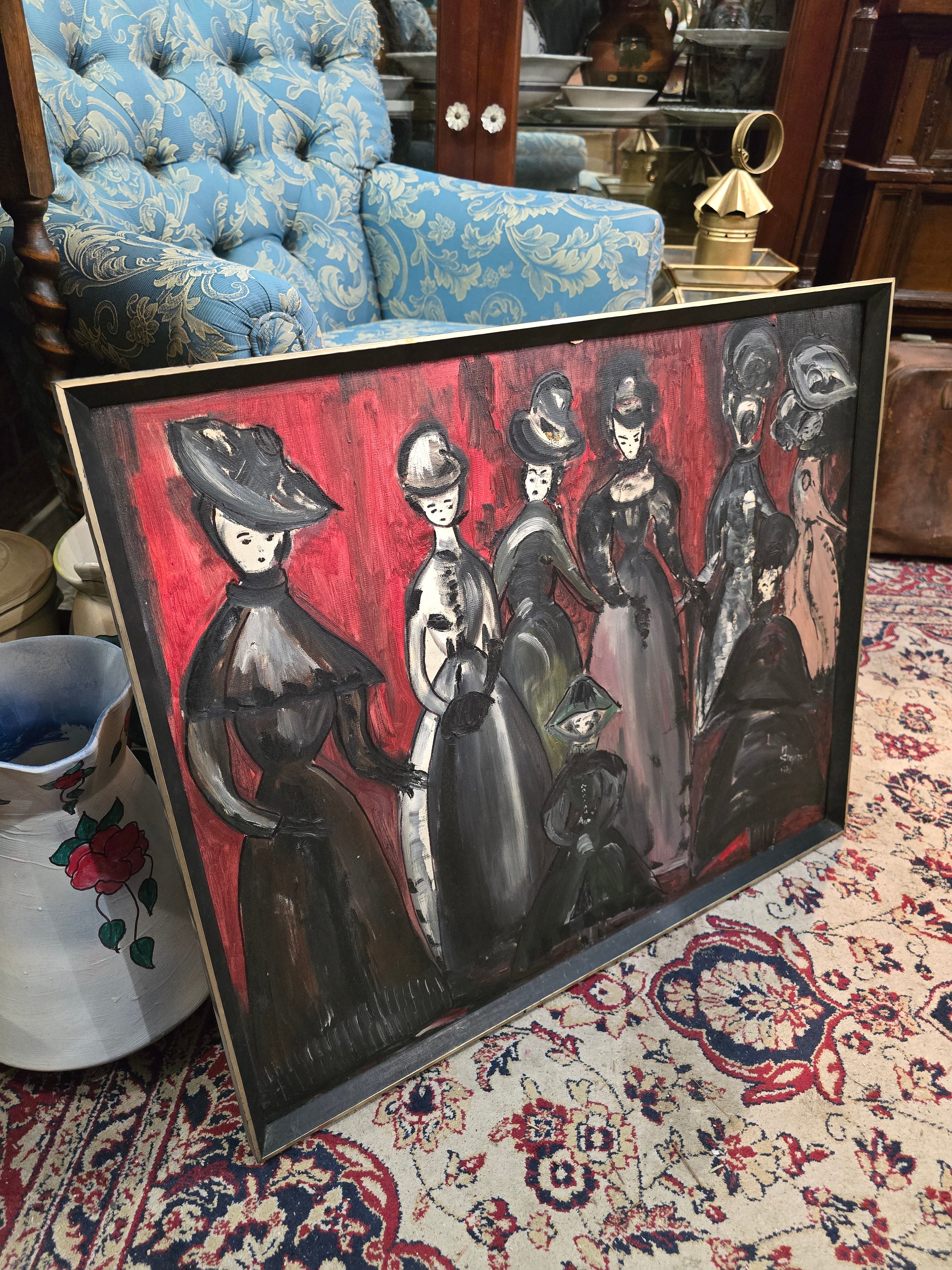 Vintage 1976 modern hand painted figures painting