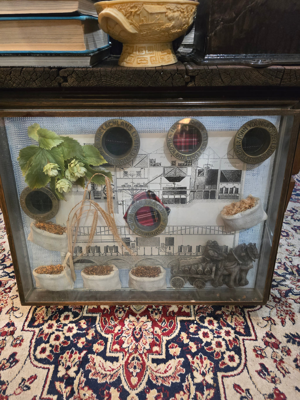 Vintage Brass Beer Barrel Bung Collar Wooden Glass Display