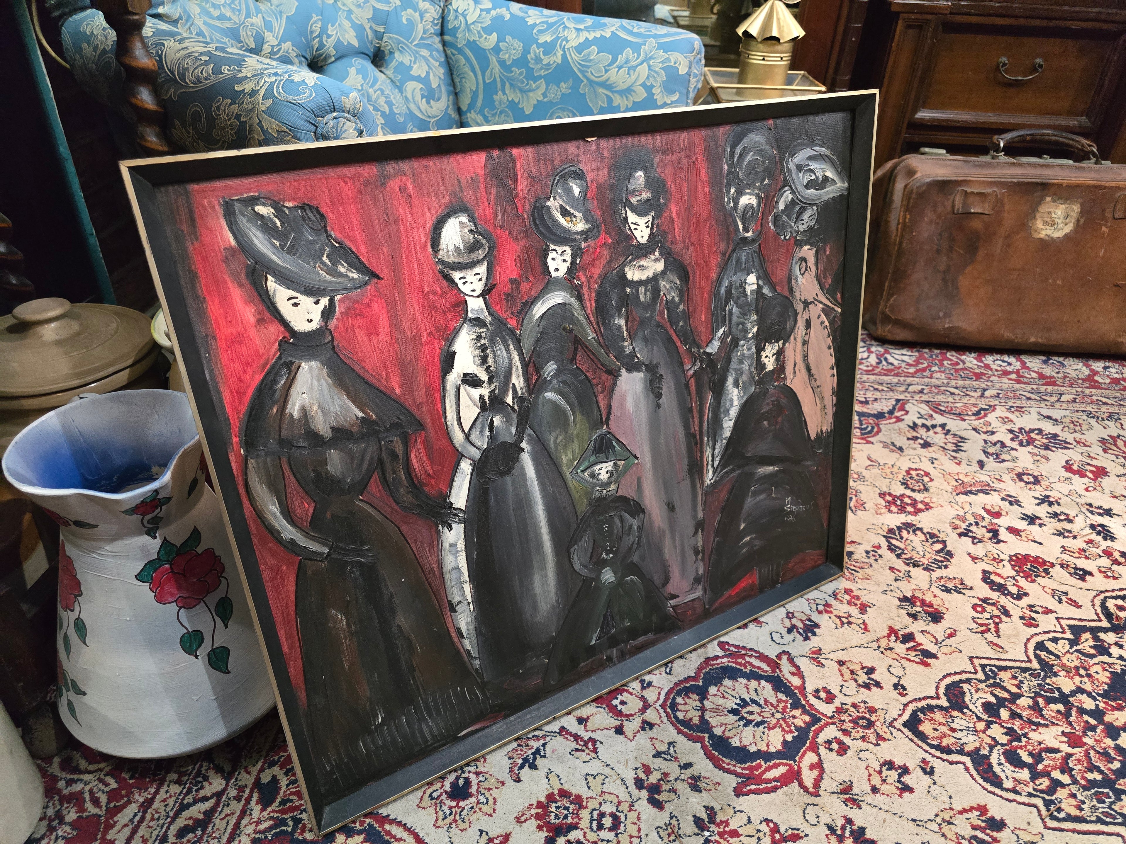 Vintage 1976 modern hand painted figures painting