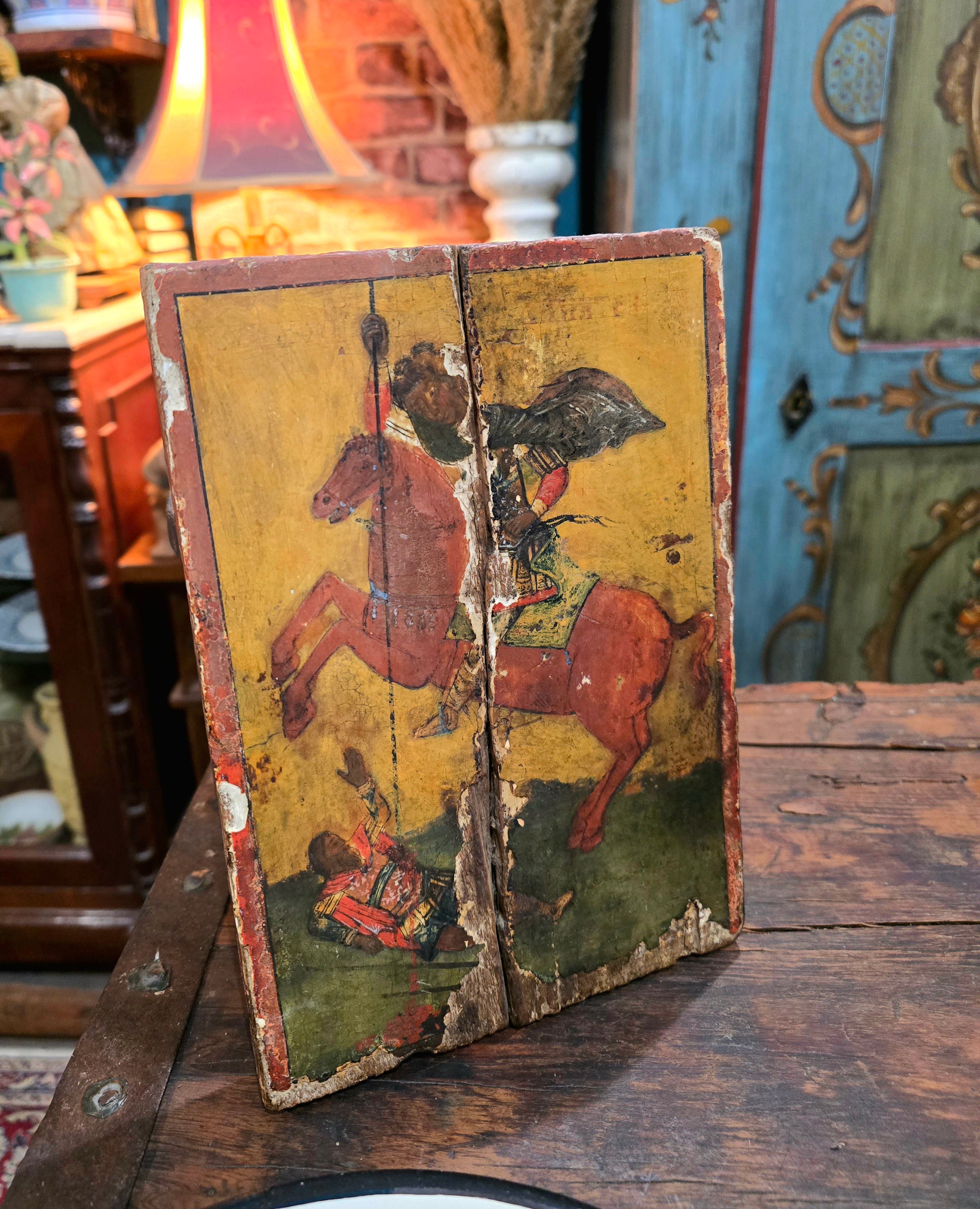 Antique religious wooden hand painted saint