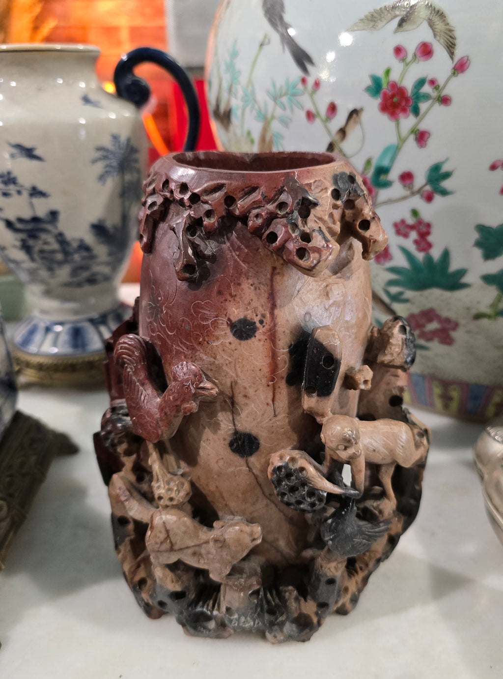 Vintage Chinese Soapstone Carving - Figural Tree Stump Sculpture