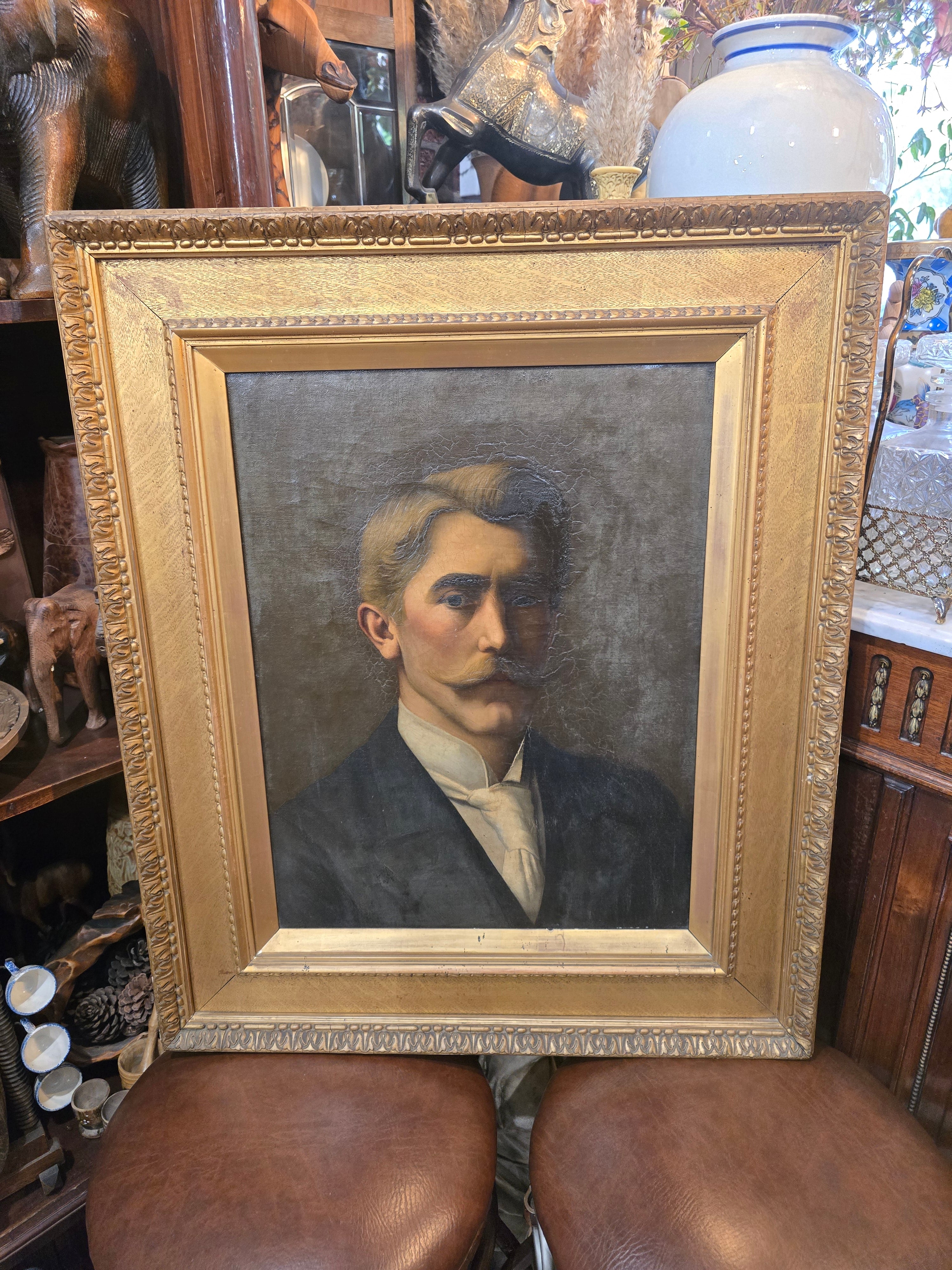 Antique 19th Century Oil Canvas Portrait Painting