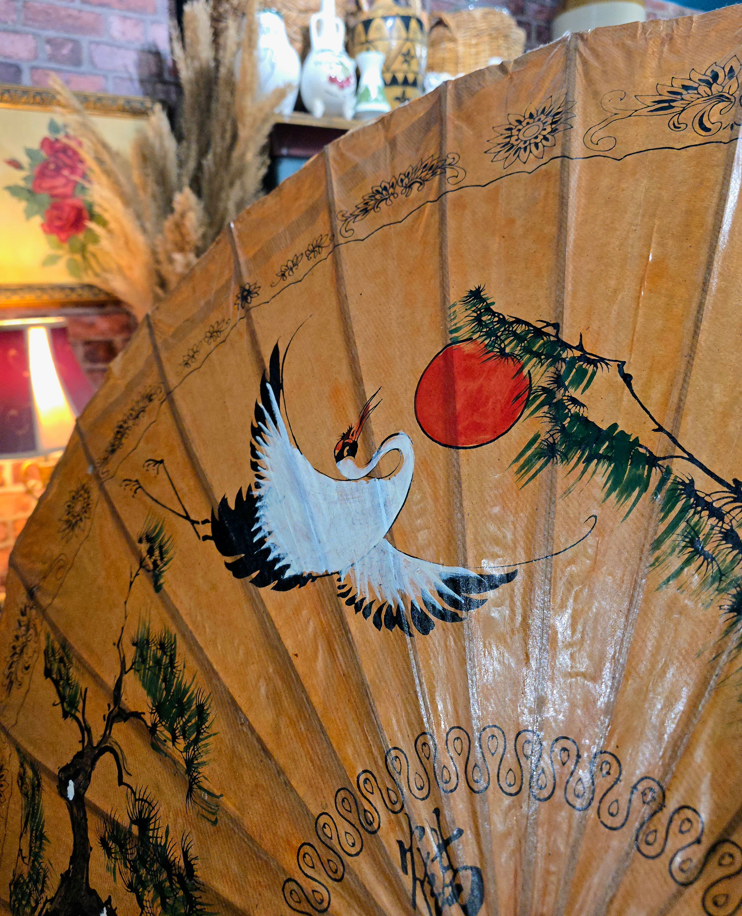 Vintage Japanese hand-painted display umbrella made of lacquered rice paper and bamboo